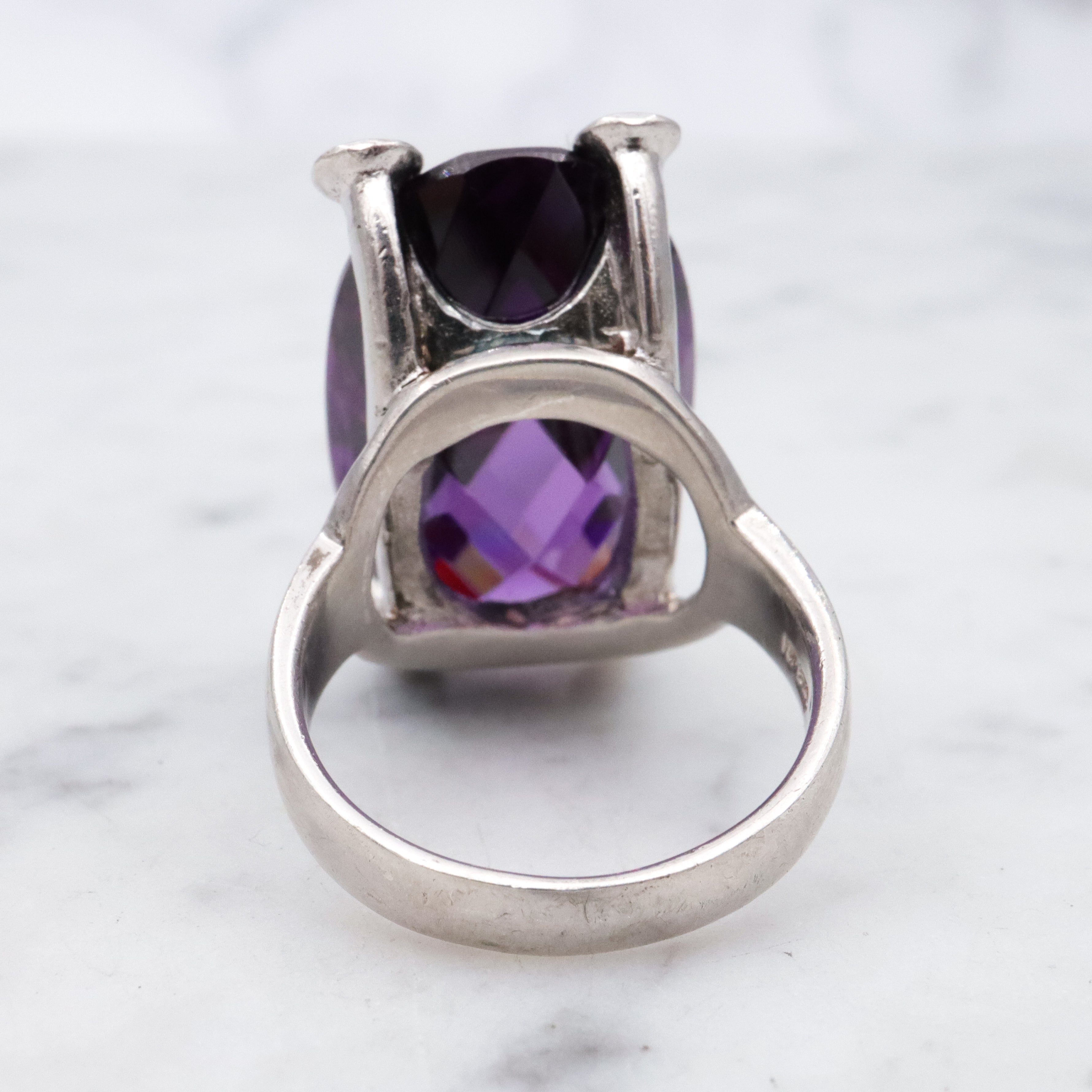 Retro huge checkerboard cut faux amethyst sterling cocktail ring, size 8