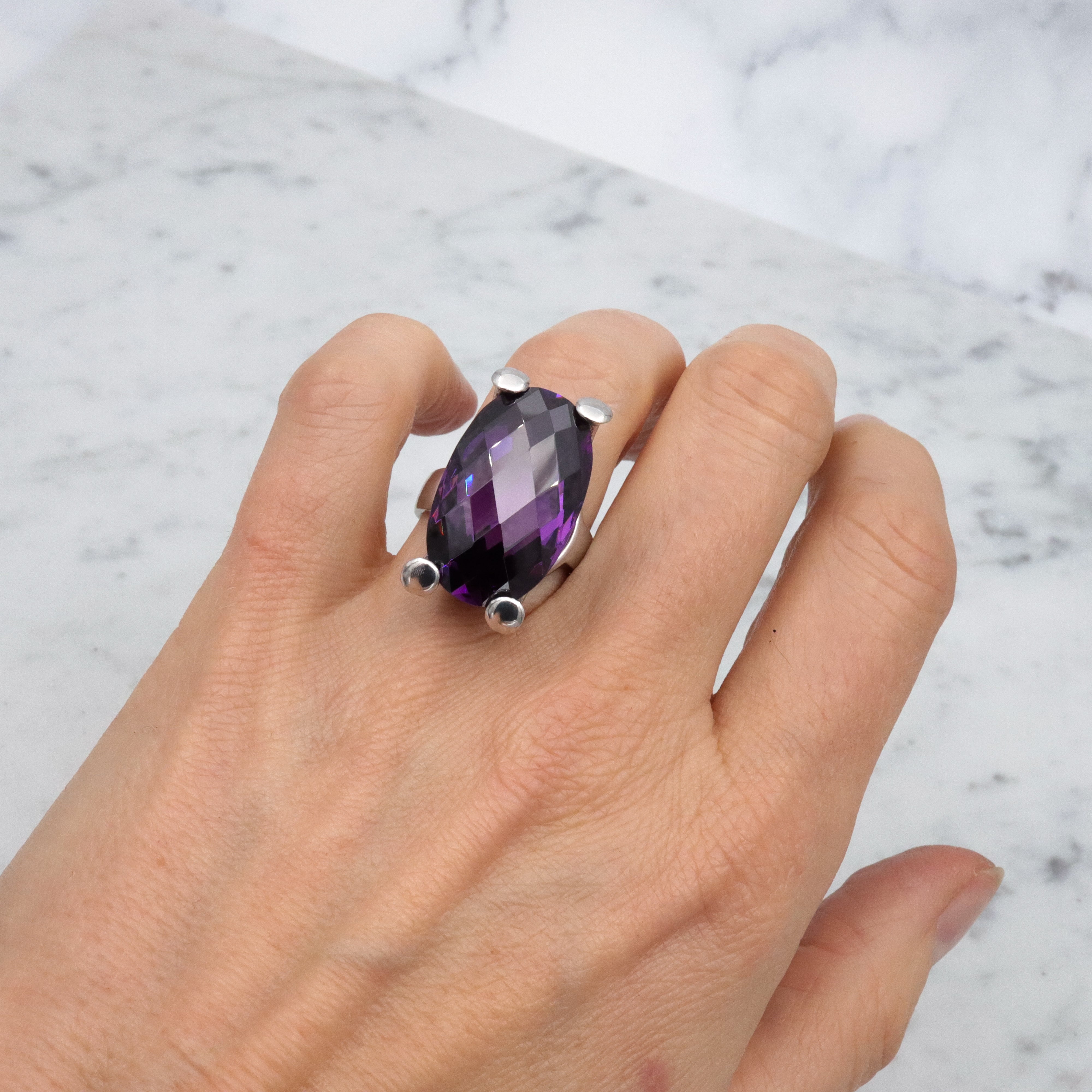 Retro huge checkerboard cut faux amethyst sterling cocktail ring, size 8