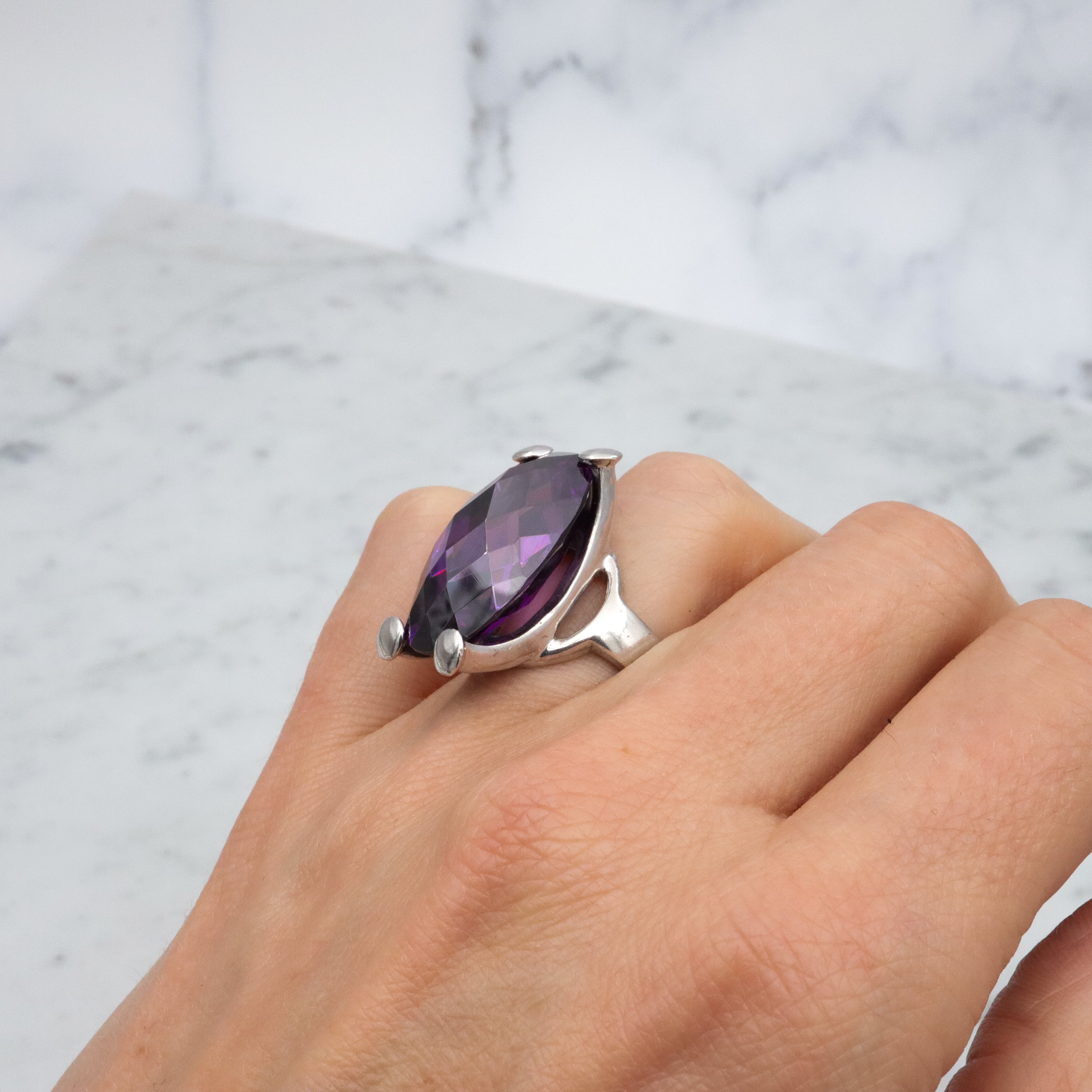 Retro huge checkerboard cut faux amethyst sterling cocktail ring, size 8