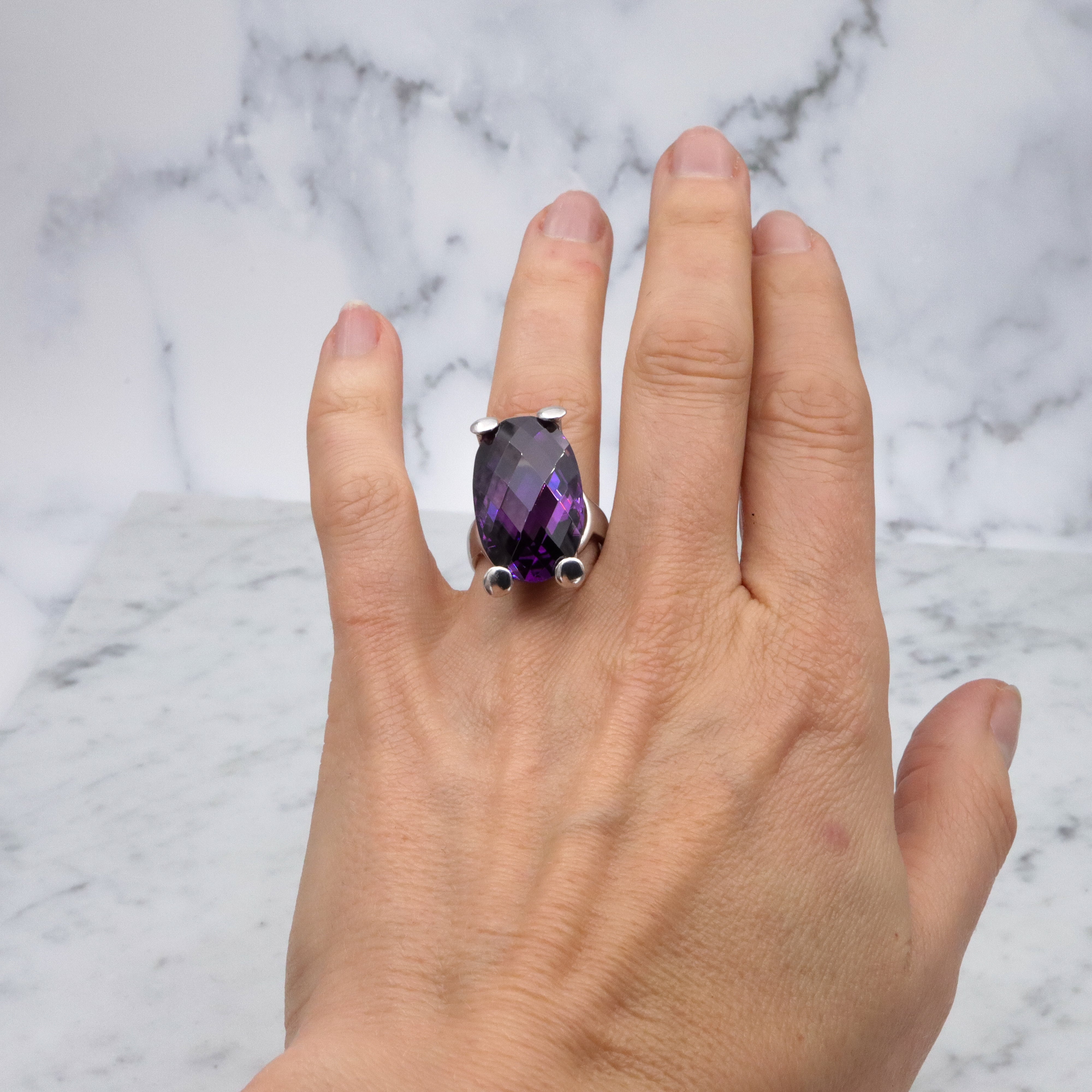 Retro huge checkerboard cut faux amethyst sterling cocktail ring, size 8