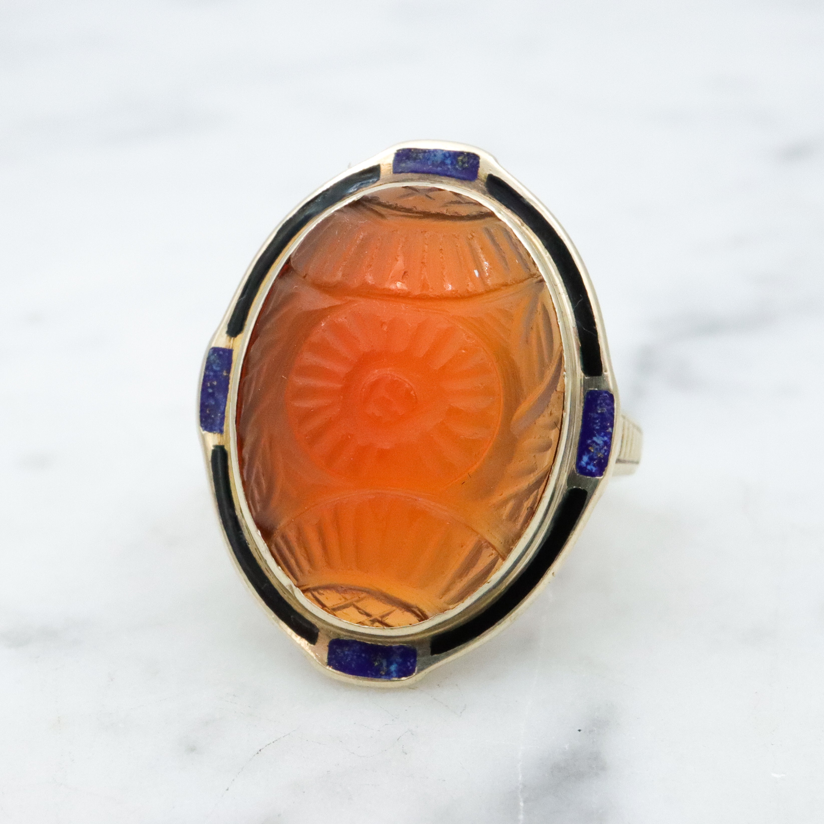 Antique Art Deco 10k gold carved carnelian enamel ring, size 7