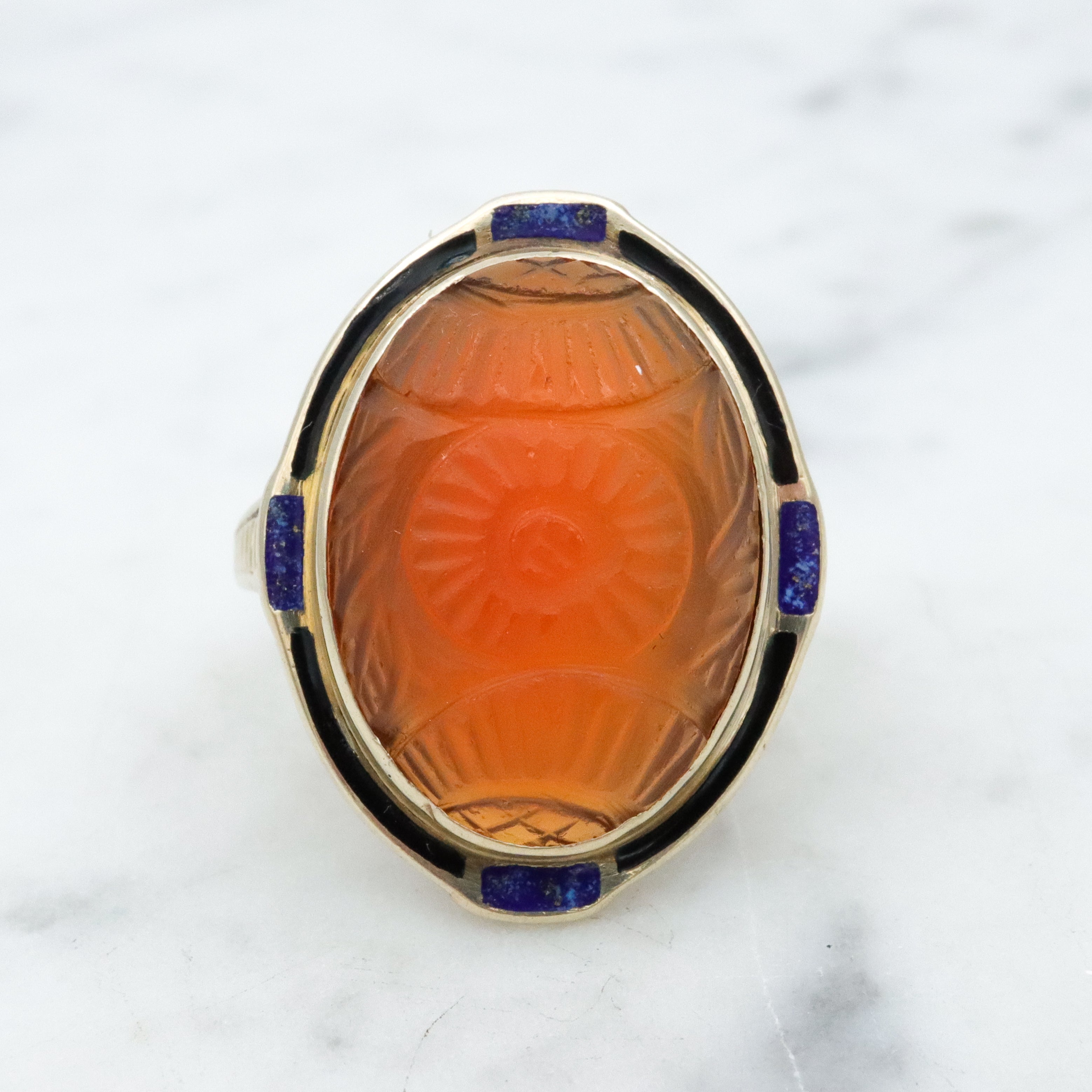 Antique Art Deco 10k gold carved carnelian enamel ring, size 7