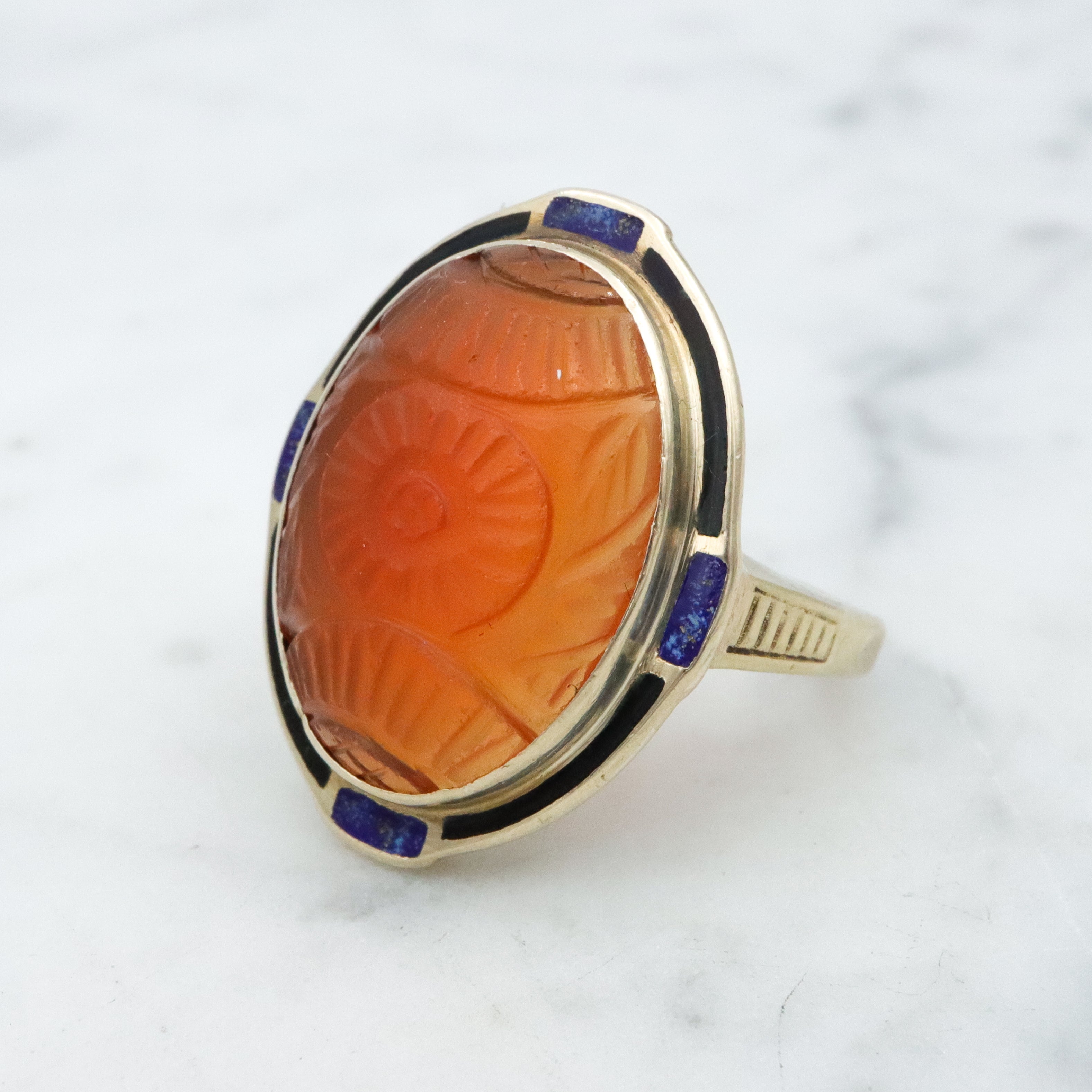 Antique Art Deco 10k gold carved carnelian enamel ring, size 7