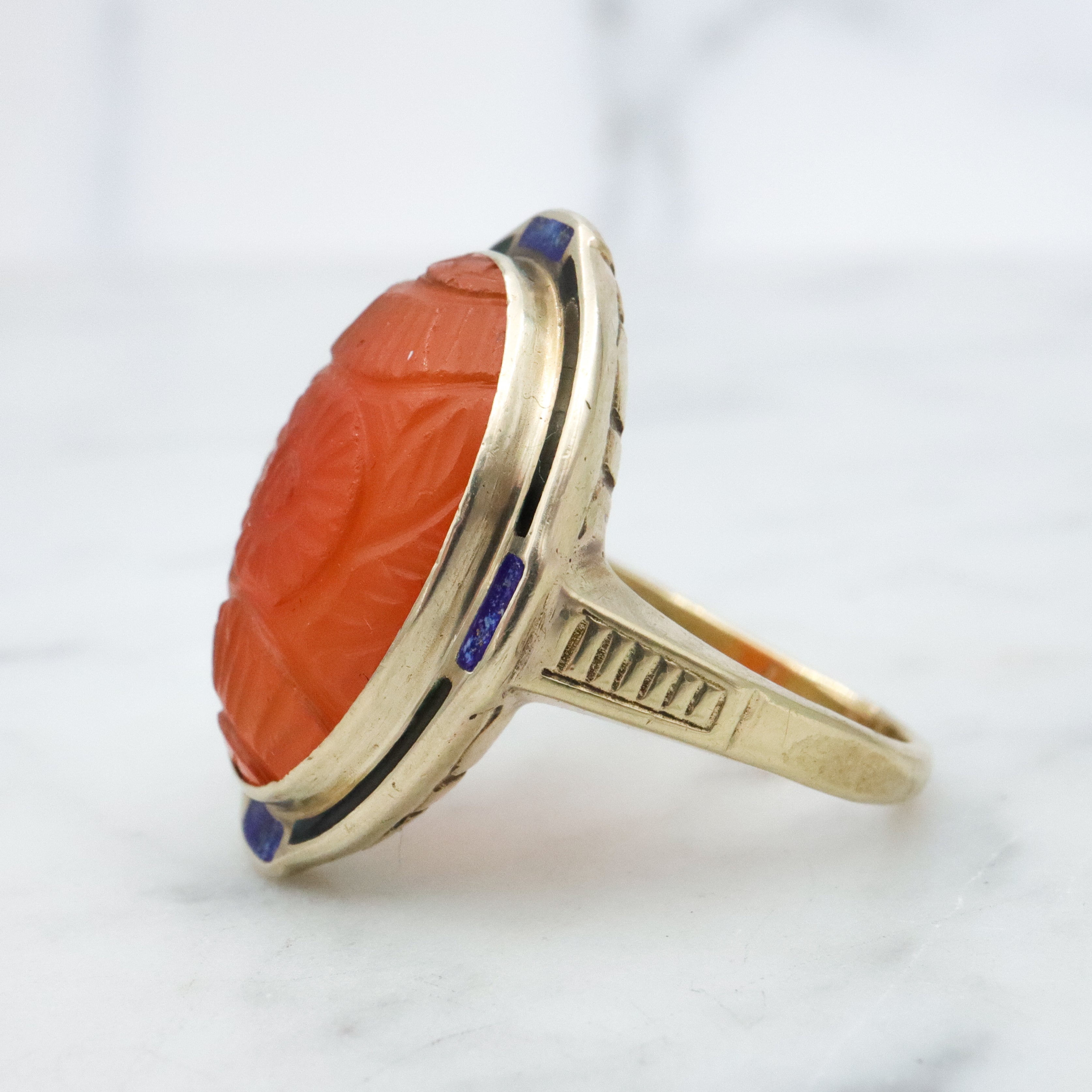 Antique Art Deco 10k gold carved carnelian enamel ring, size 7