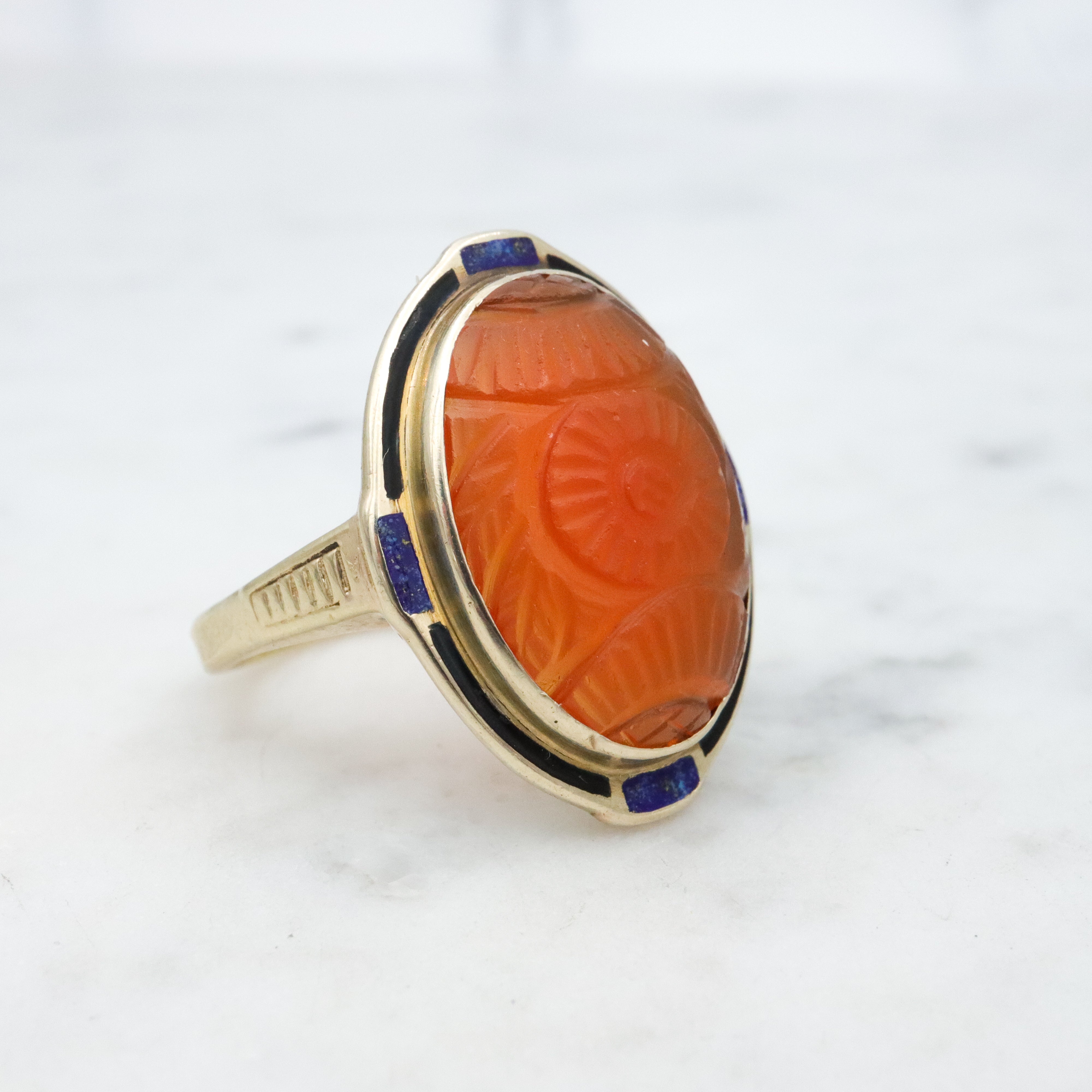 Antique Art Deco 10k gold carved carnelian enamel ring, size 7