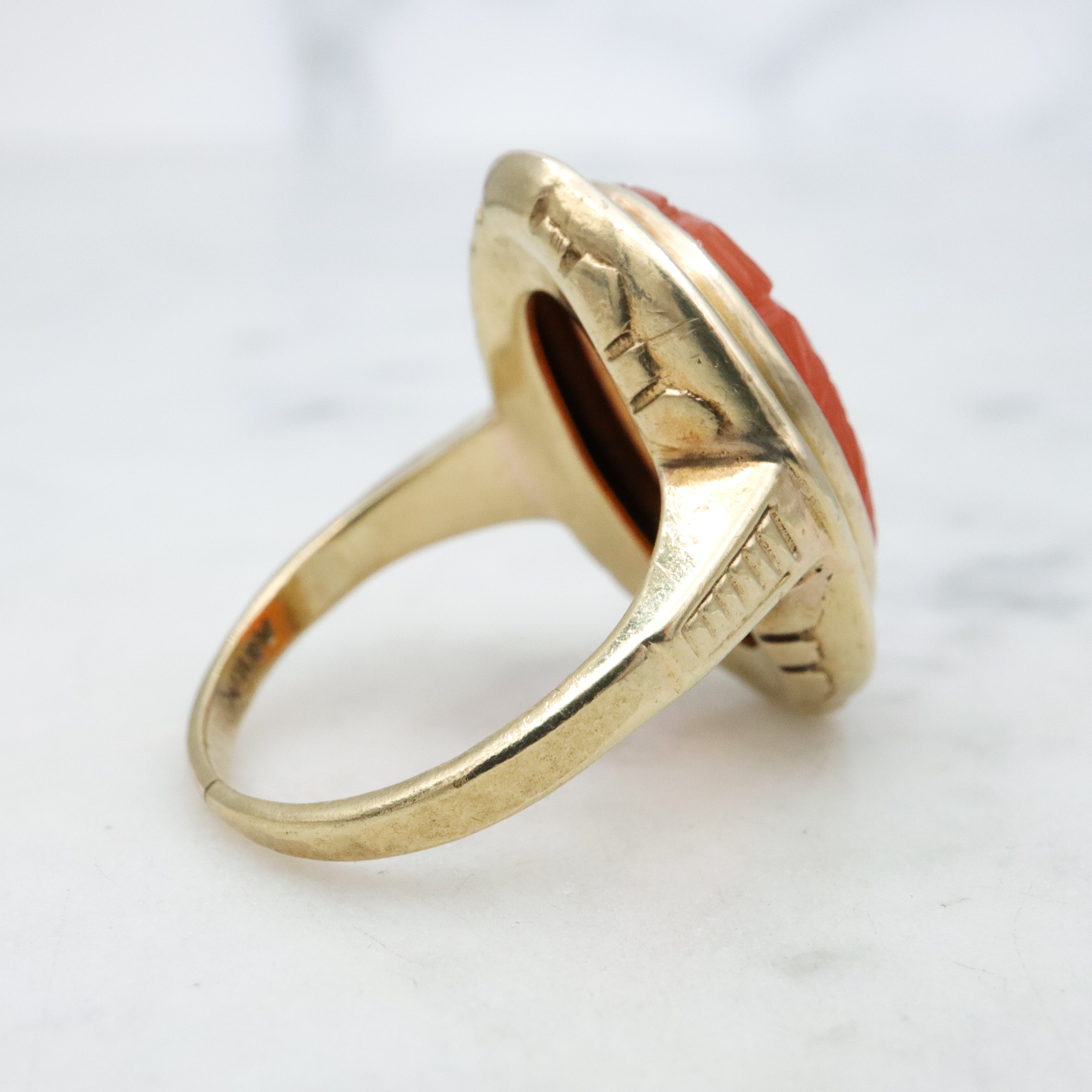 Antique Art Deco 10k gold carved carnelian enamel ring, size 7