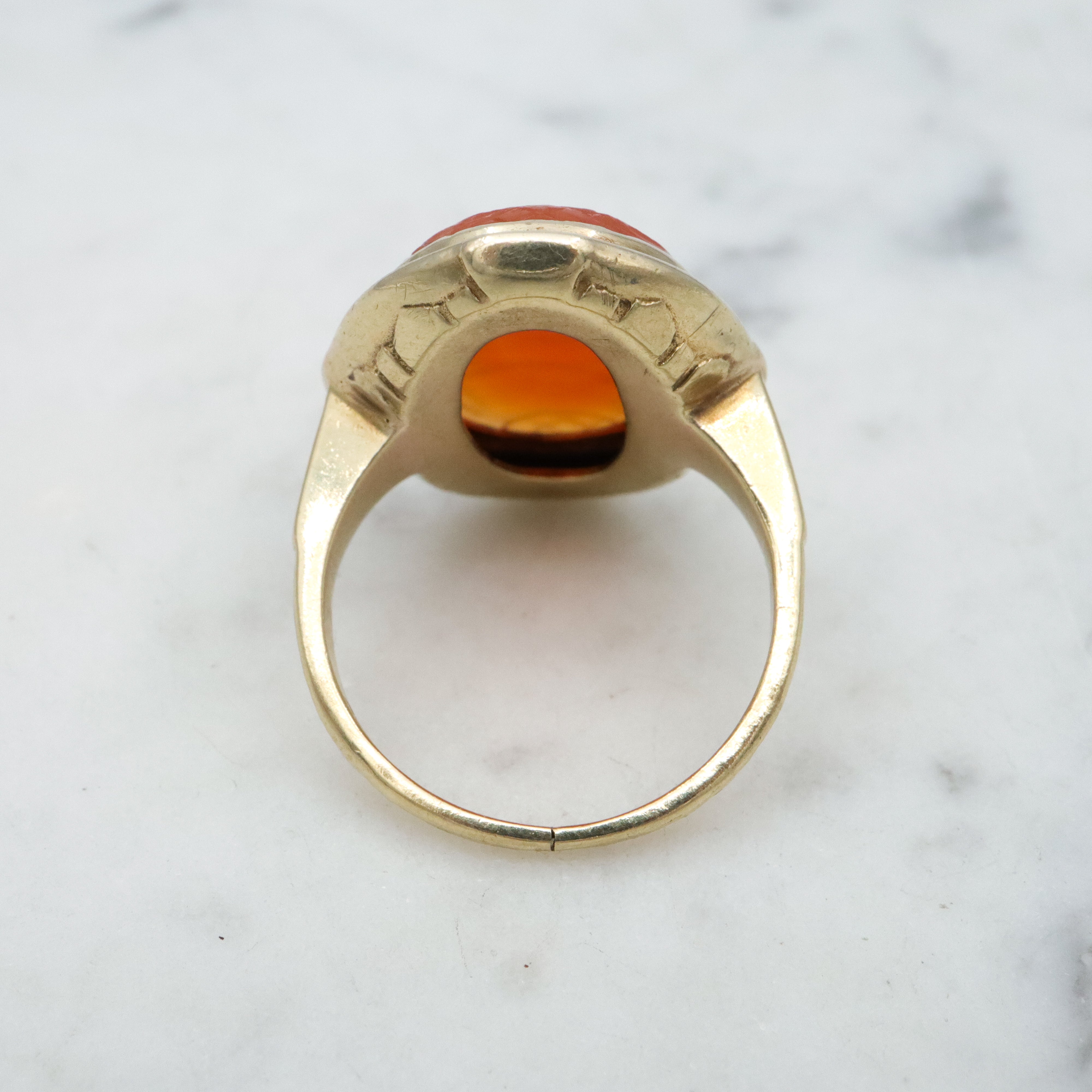 Antique Art Deco 10k gold carved carnelian enamel ring, size 7