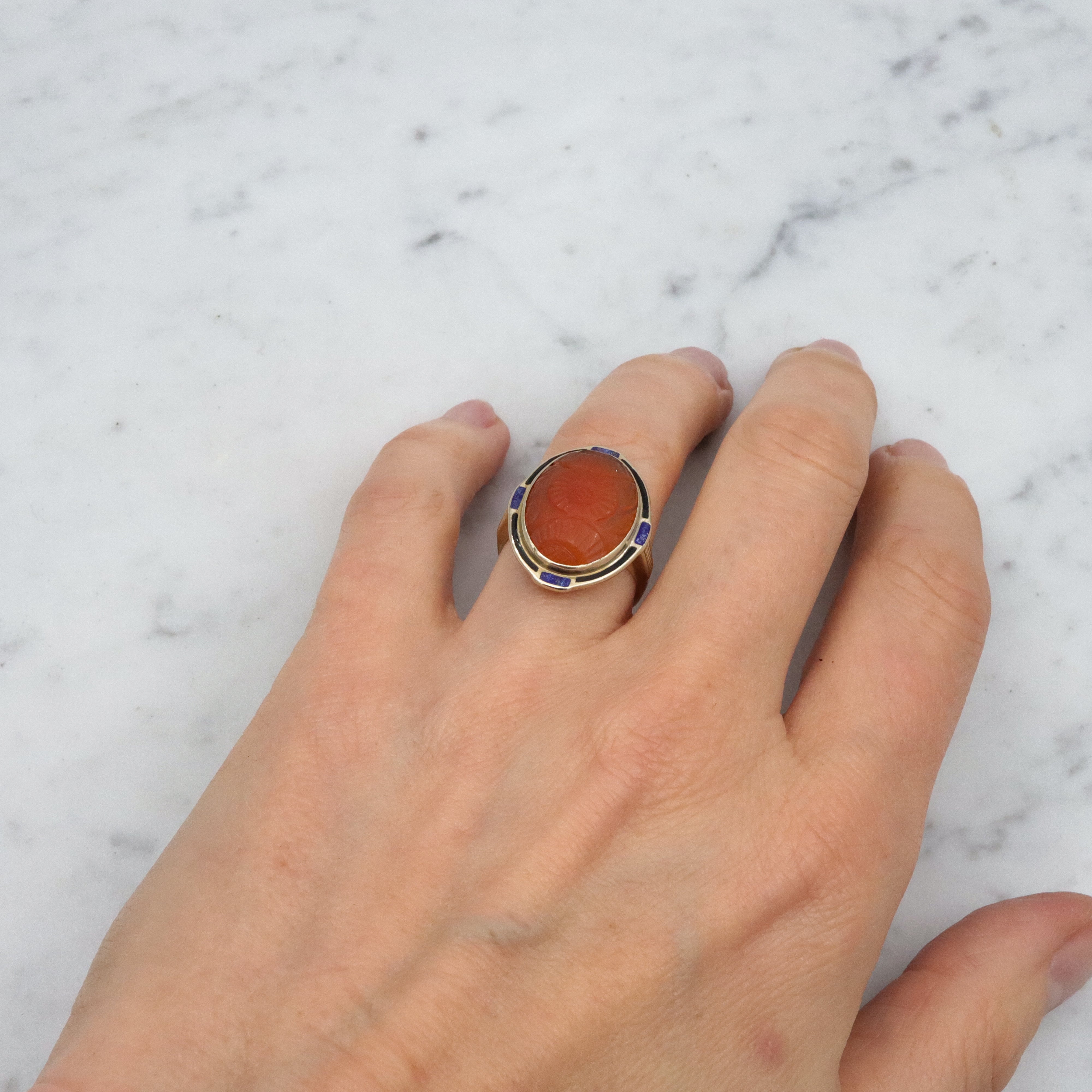 Antique Art Deco 10k gold carved carnelian enamel ring, size 7