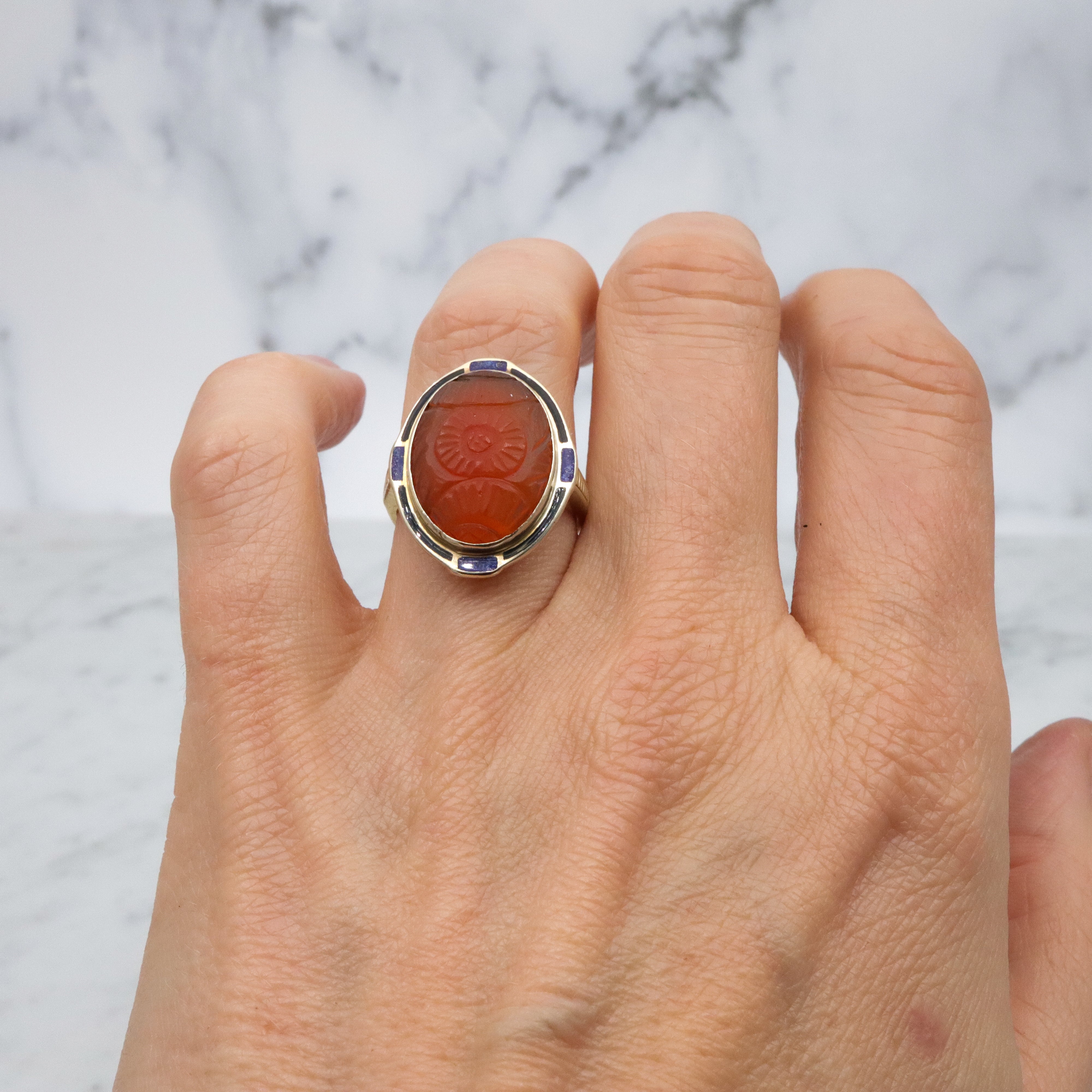 Antique Art Deco 10k gold carved carnelian enamel ring, size 7