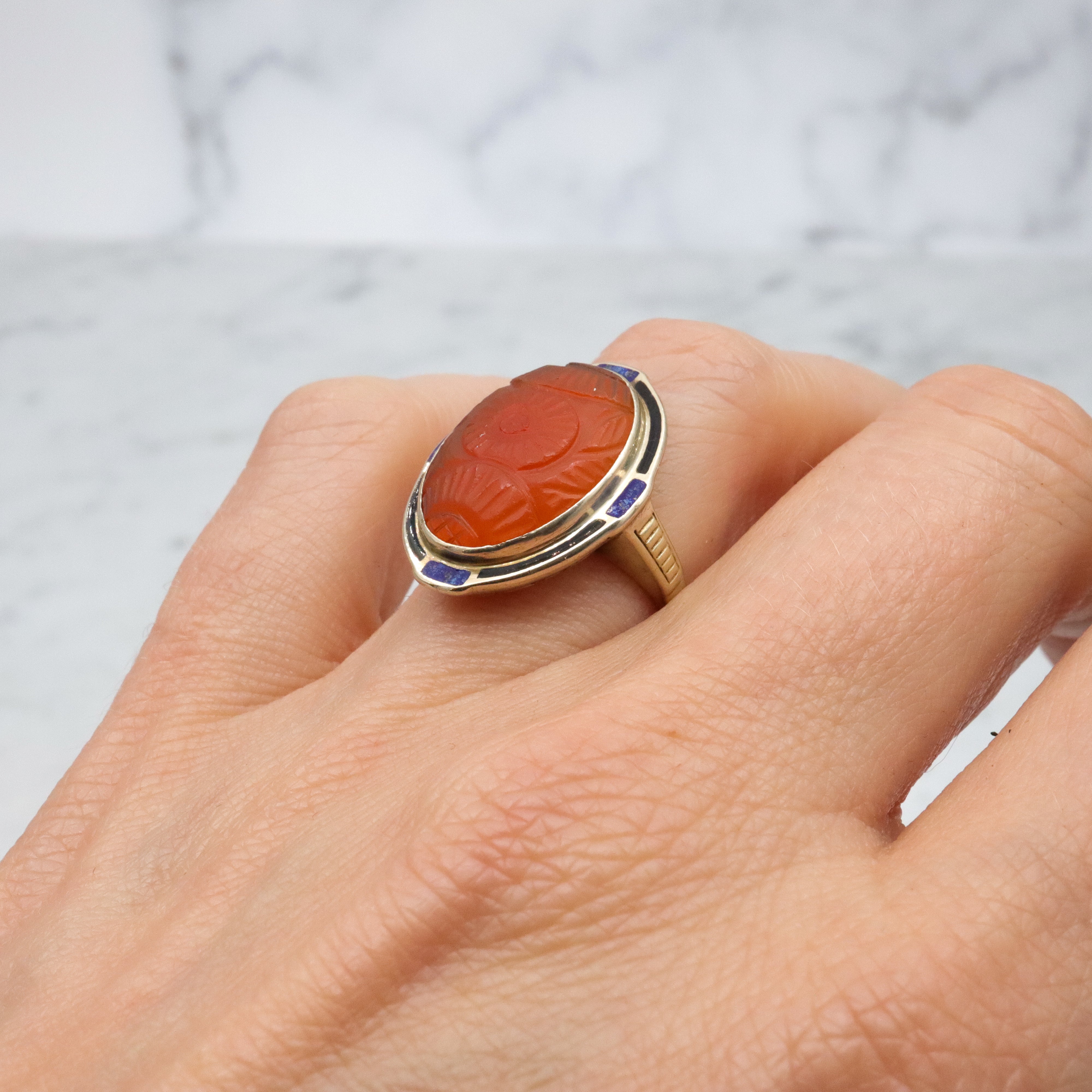 Antique Art Deco 10k gold carved carnelian enamel ring, size 7