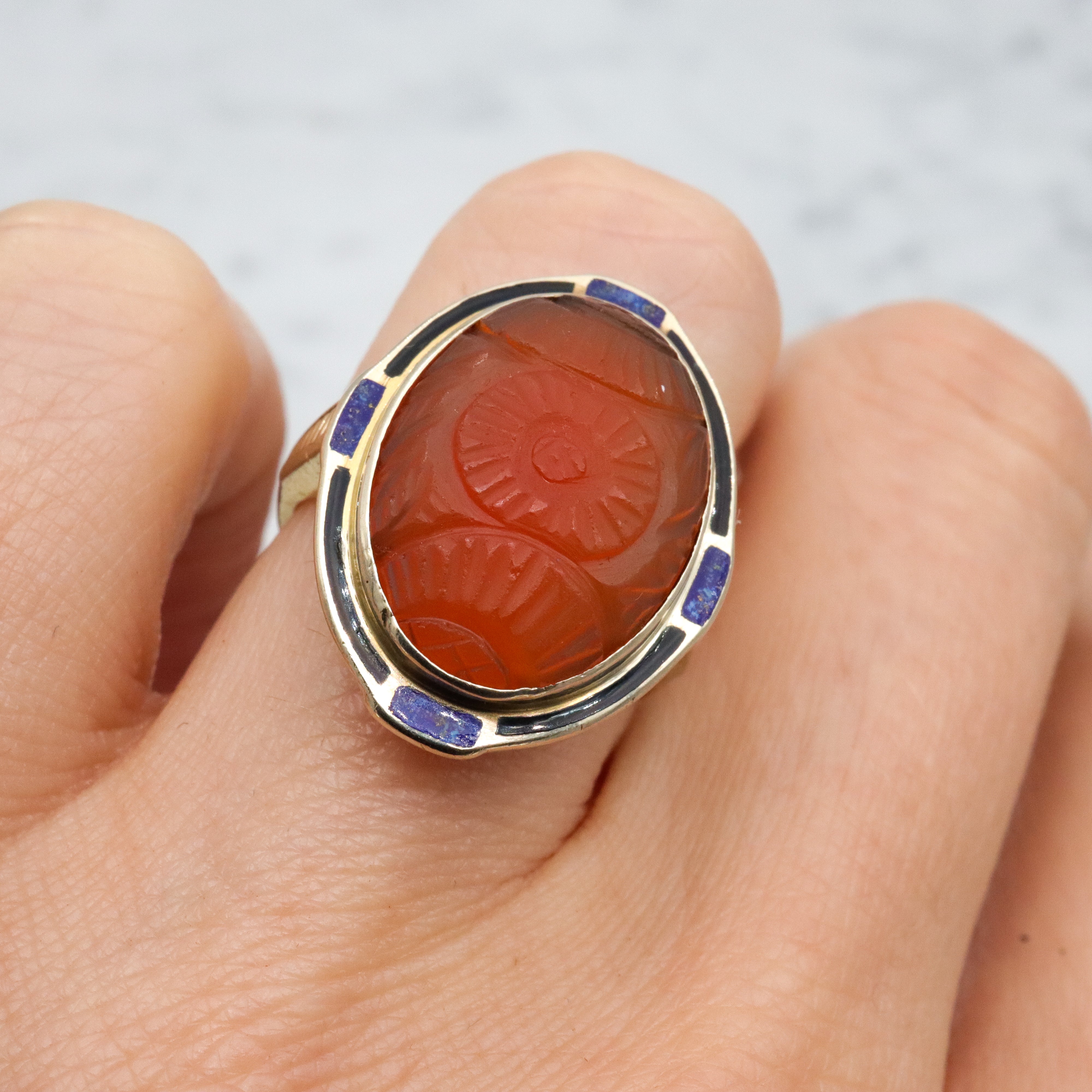 Antique Art Deco 10k gold carved carnelian enamel ring, size 7