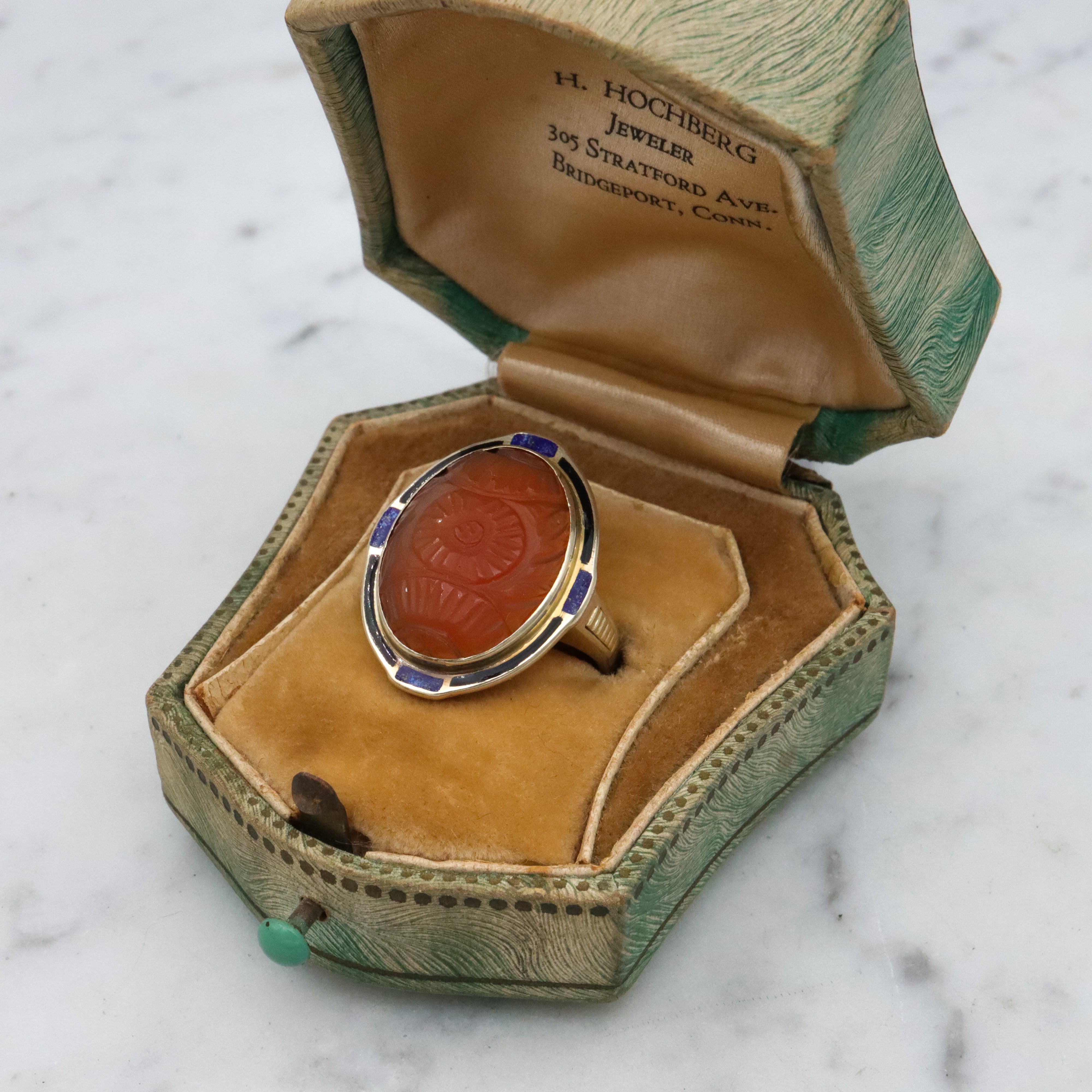 Antique Art Deco 10k gold carved carnelian enamel ring, size 7