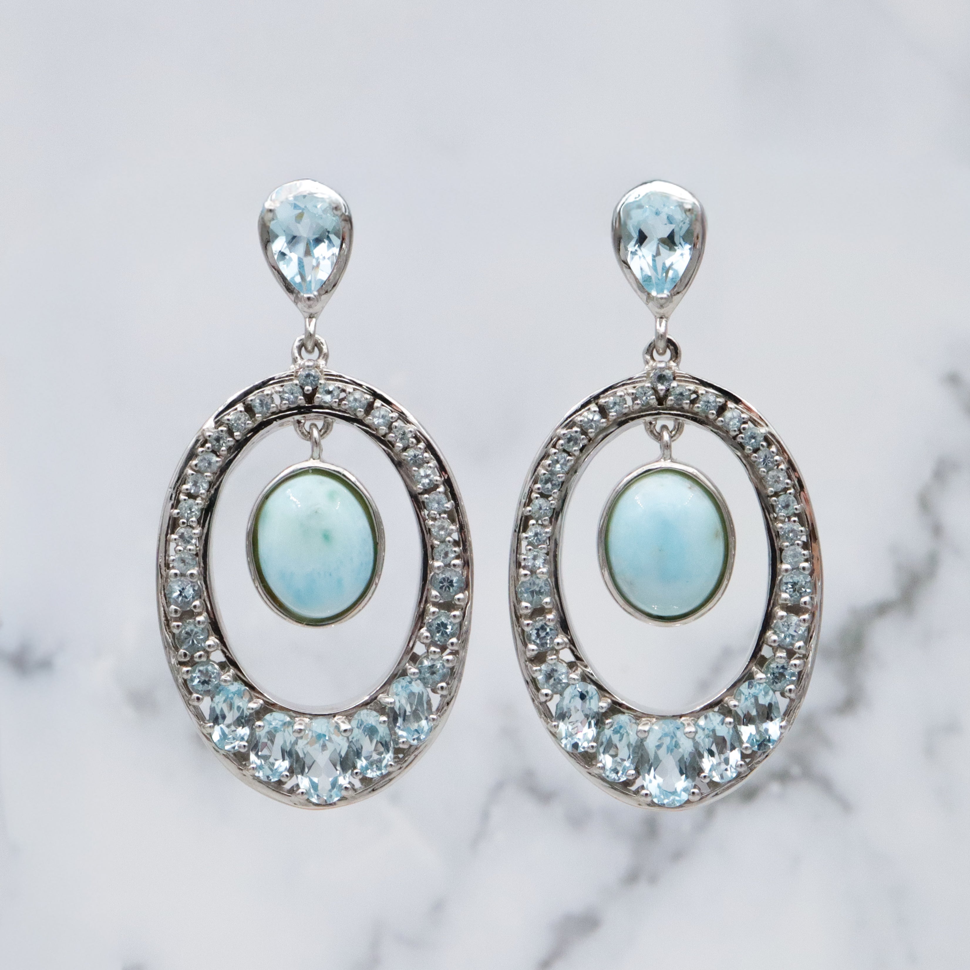 Vintage sterling blue topaz & larimar oval drop sterling earrings