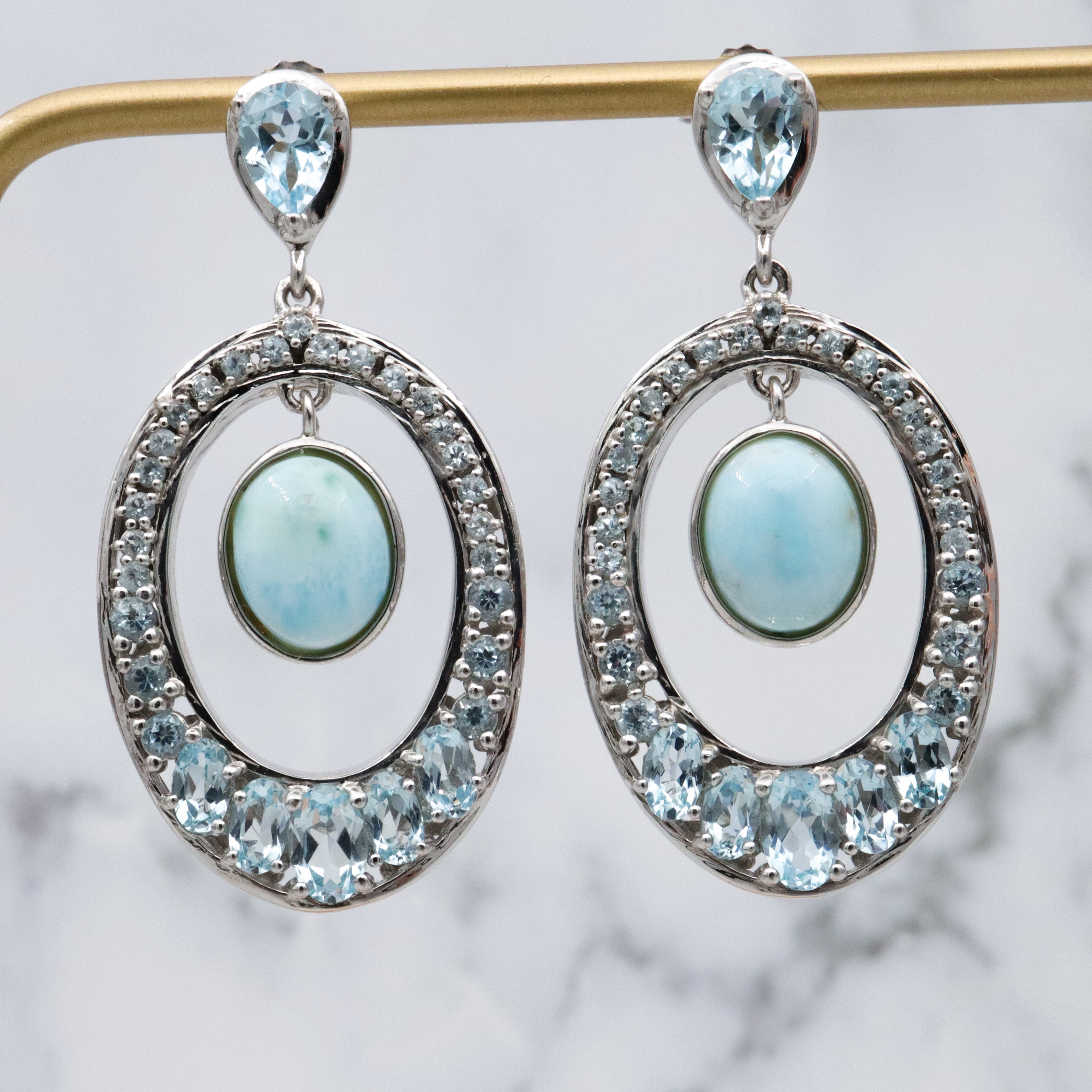 Vintage sterling blue topaz & larimar oval drop sterling earrings
