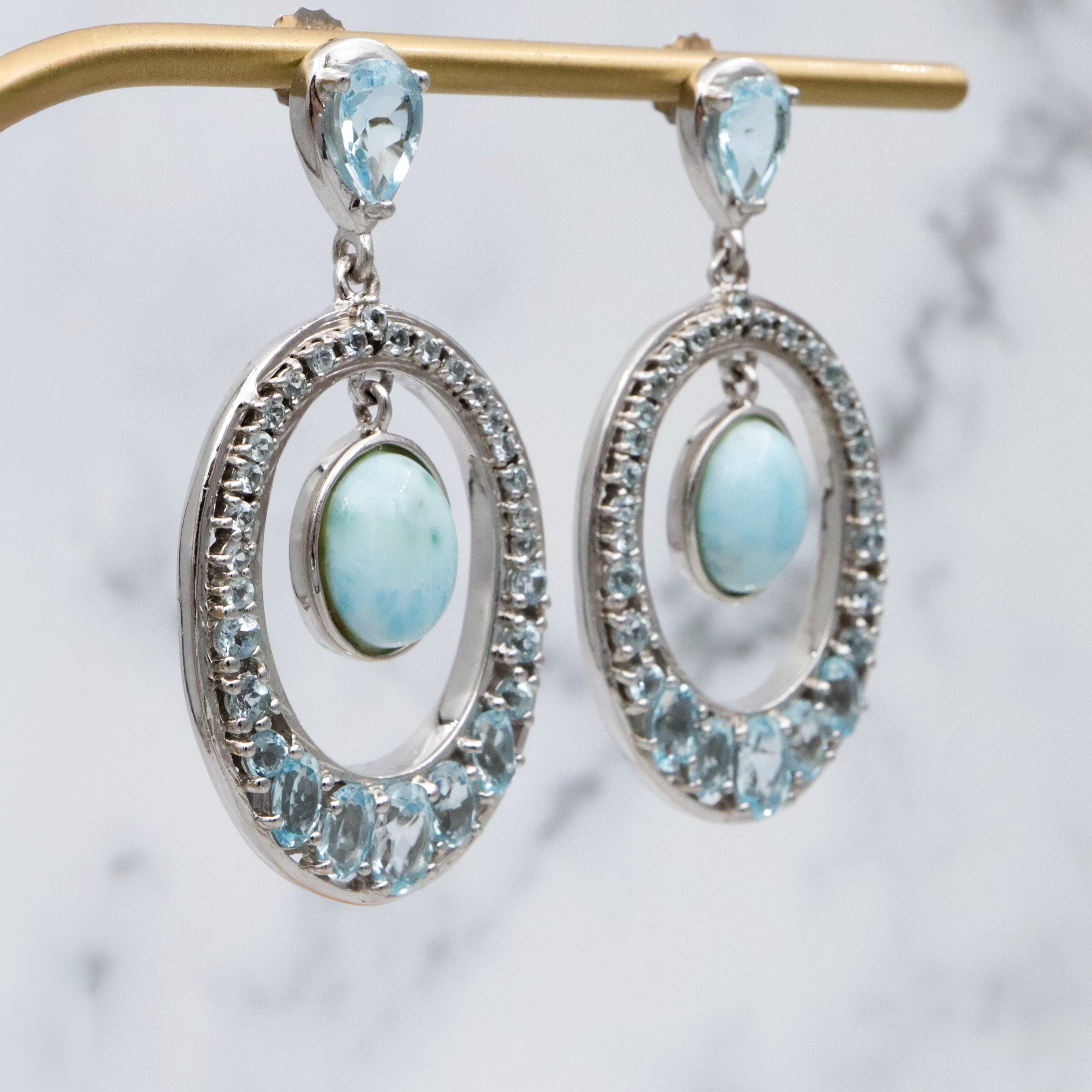 Vintage sterling blue topaz & larimar oval drop sterling earrings