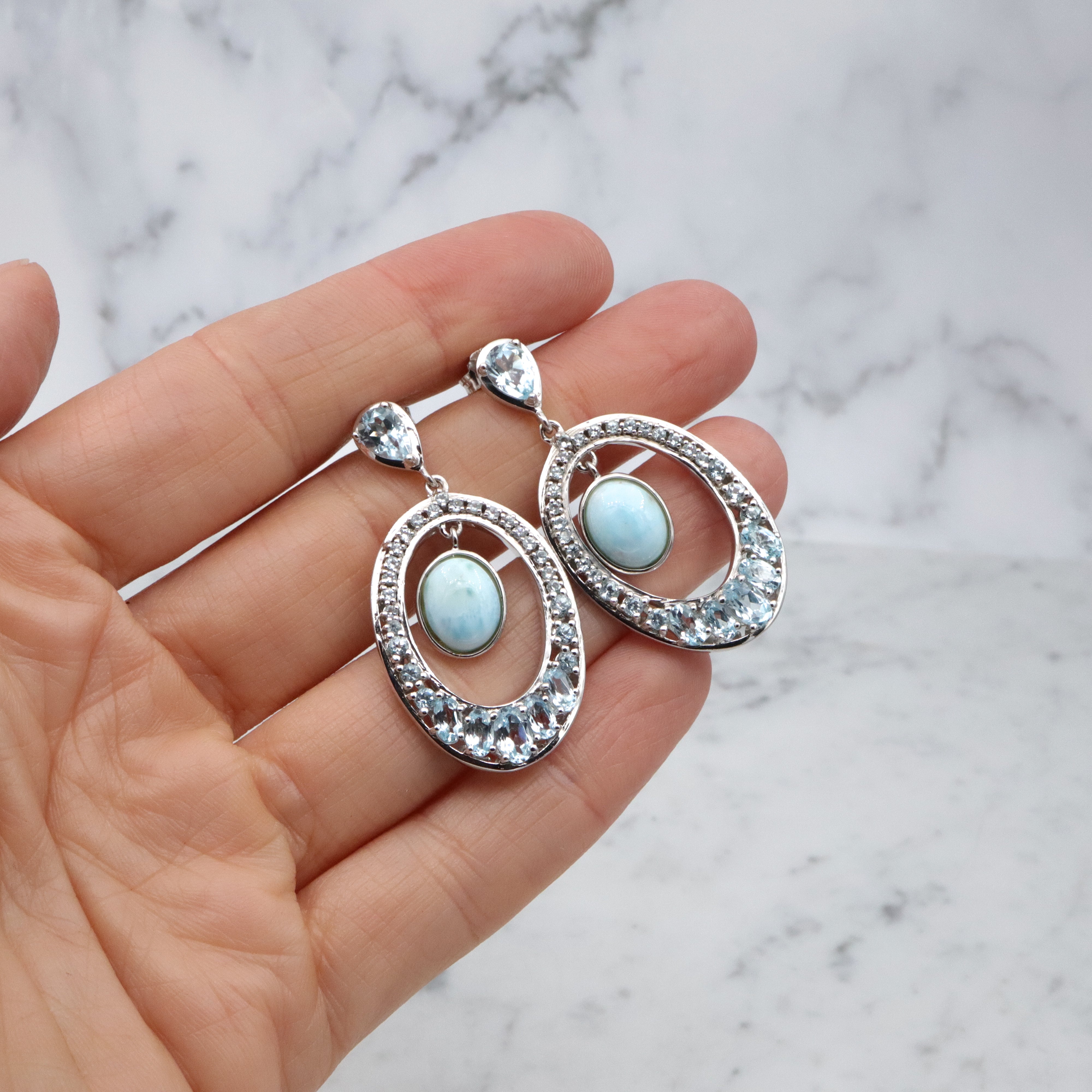 Vintage sterling blue topaz & larimar oval drop sterling earrings