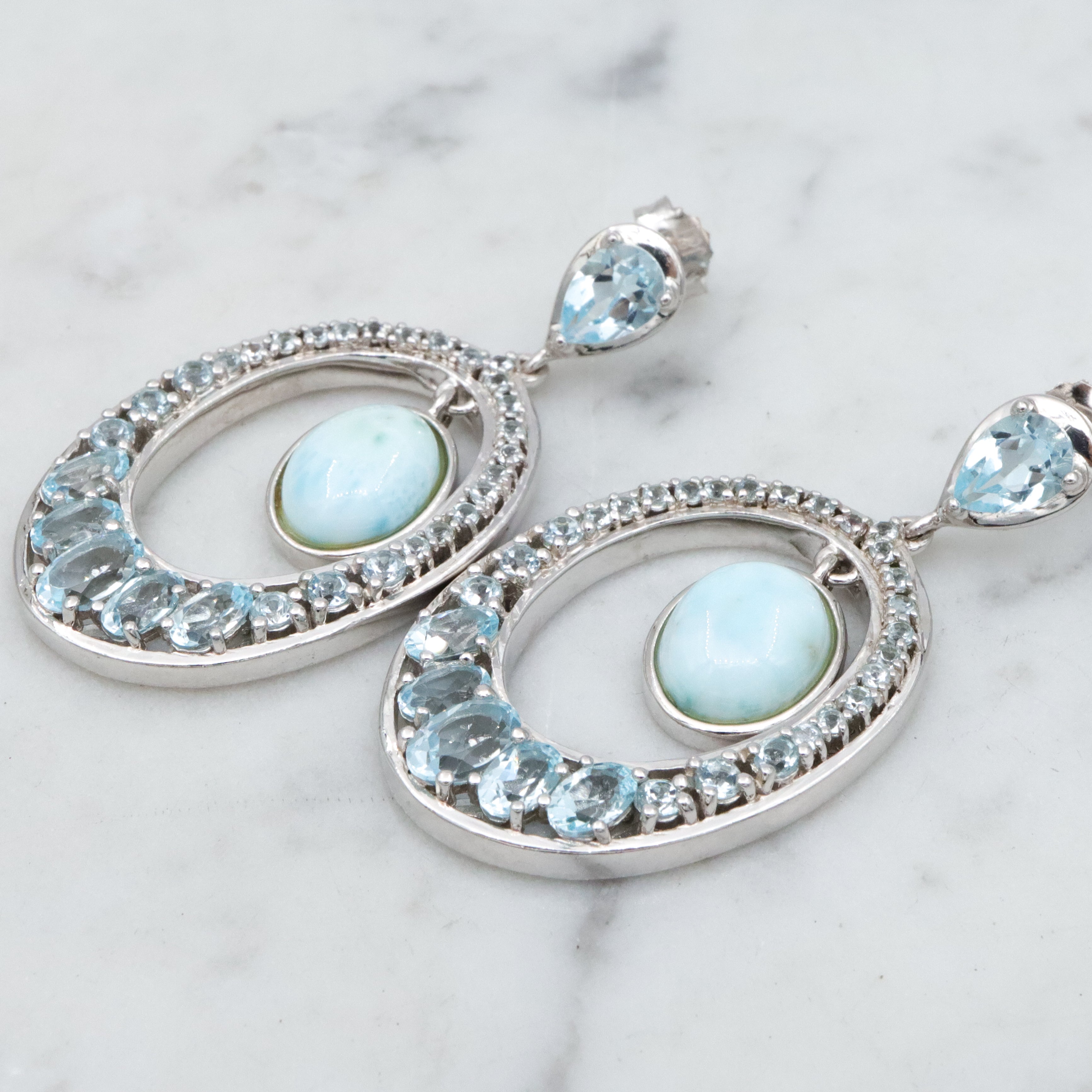 Vintage sterling blue topaz & larimar oval drop sterling earrings