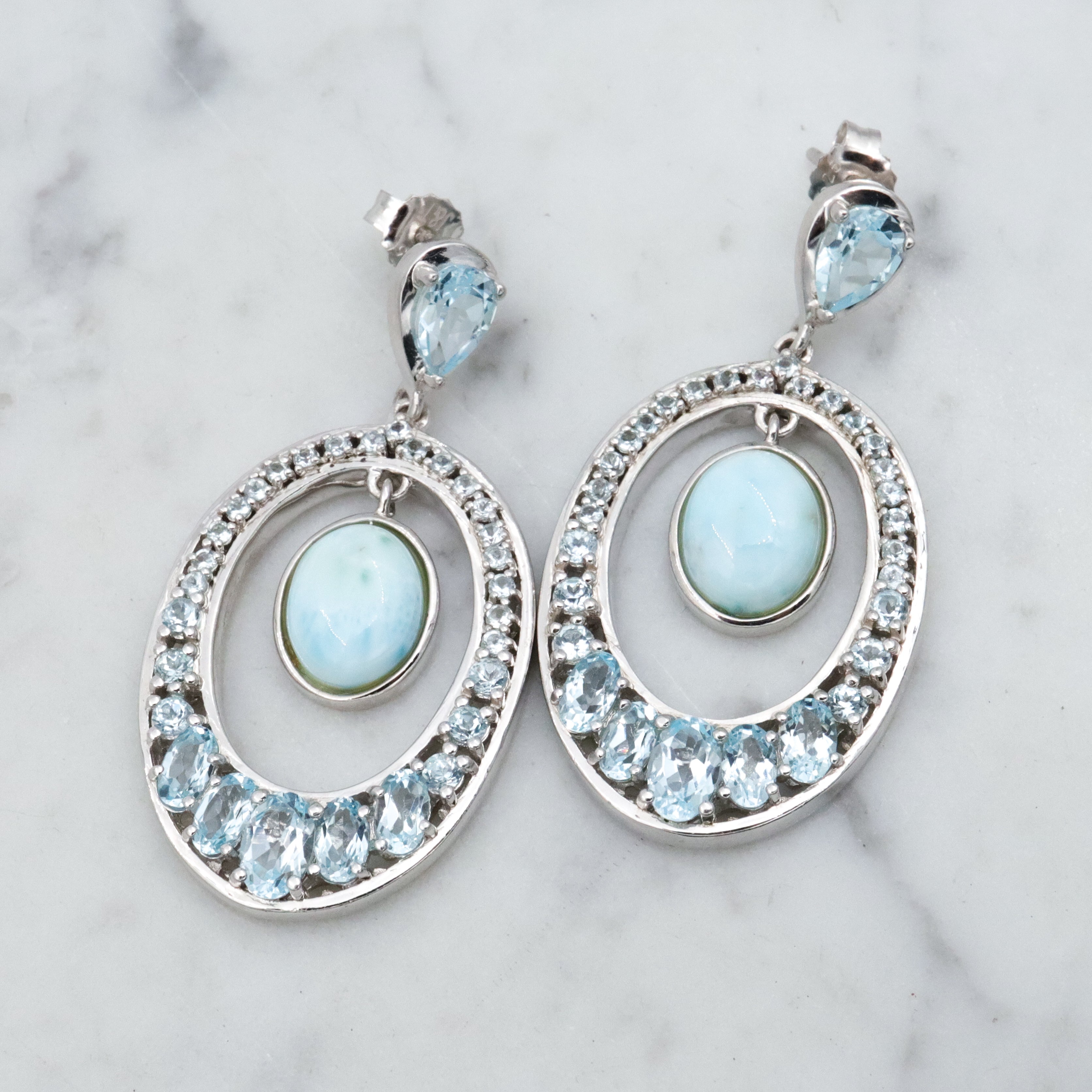 Vintage sterling blue topaz & larimar oval drop sterling earrings