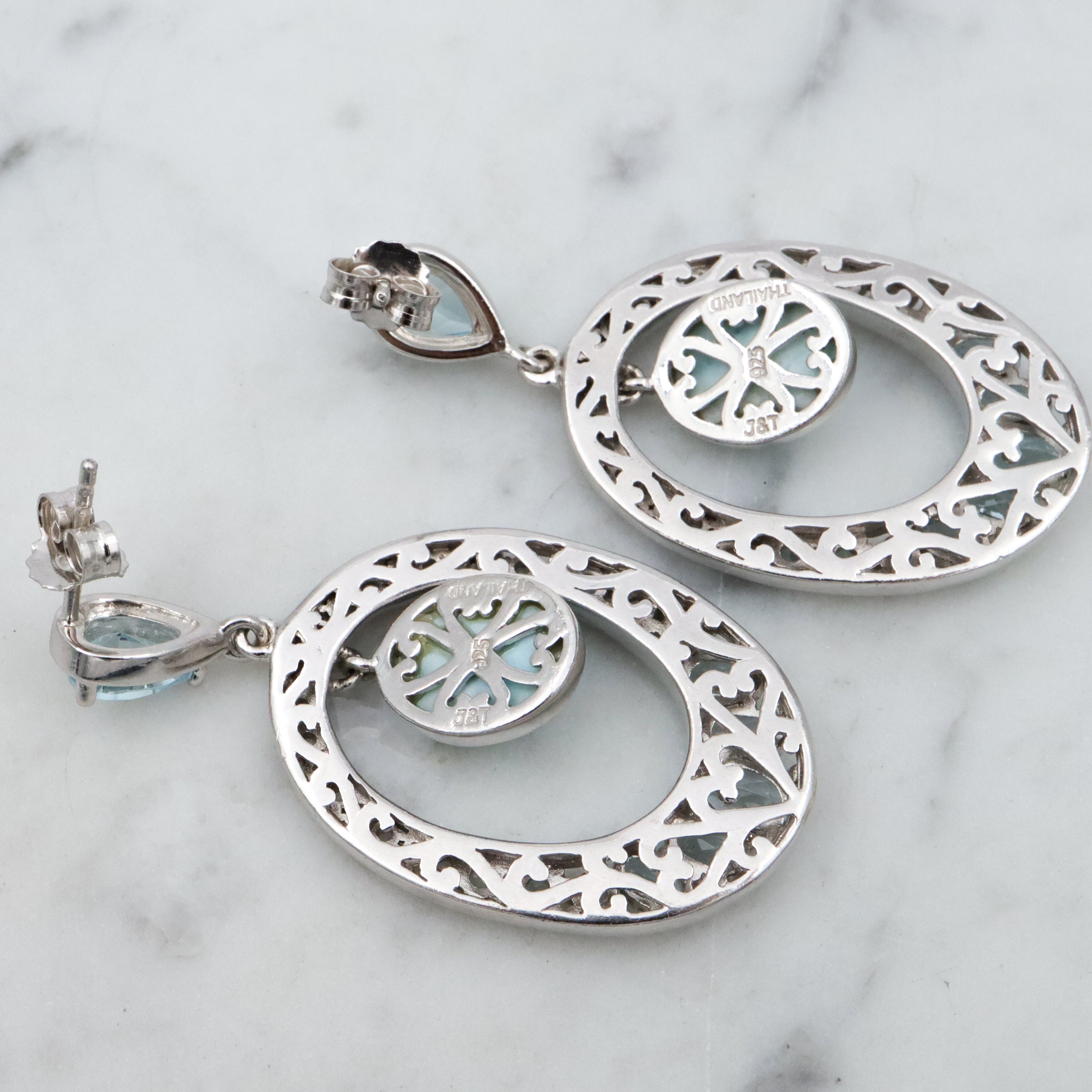 Vintage sterling blue topaz & larimar oval drop sterling earrings