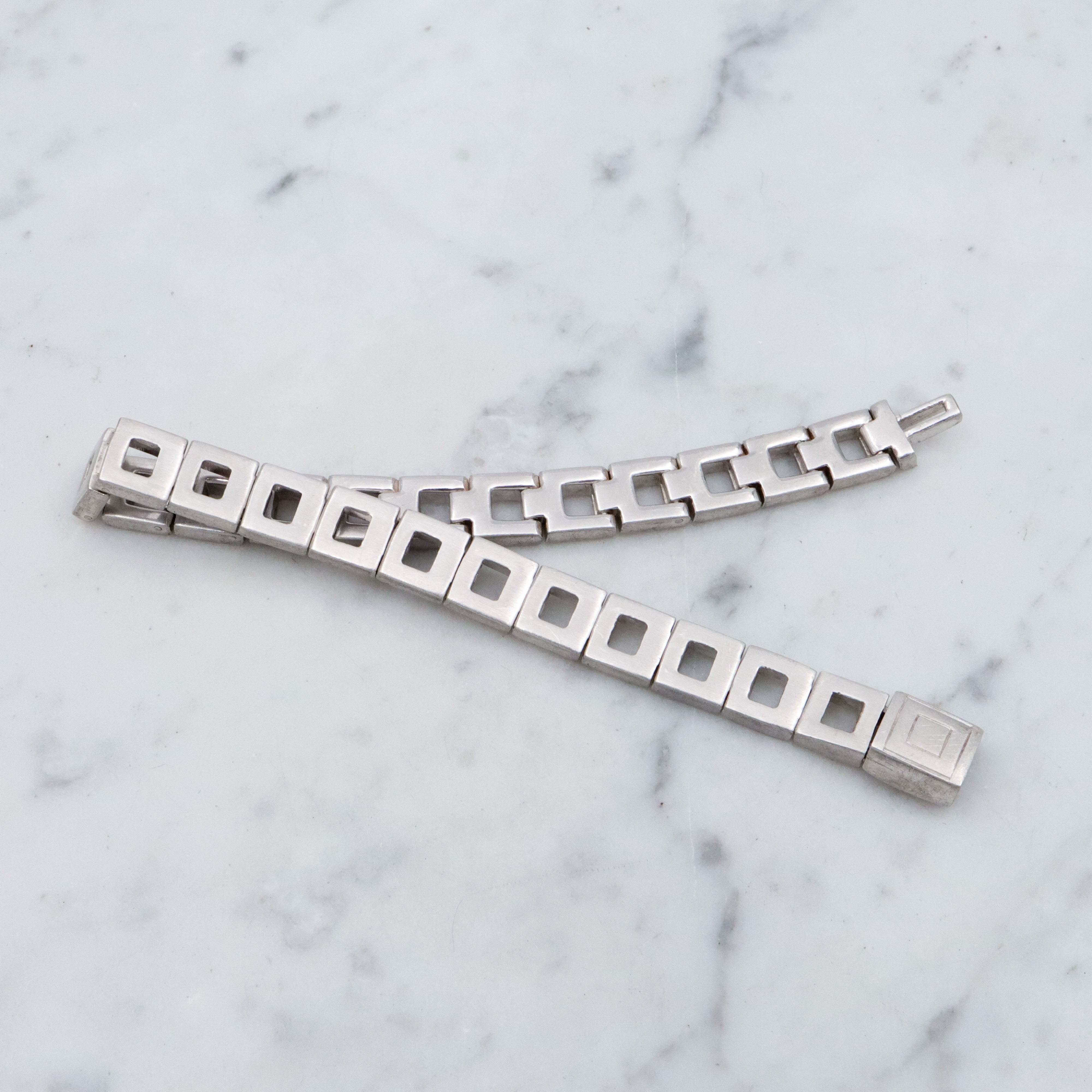 Modern brushed sterling open square link bracelet