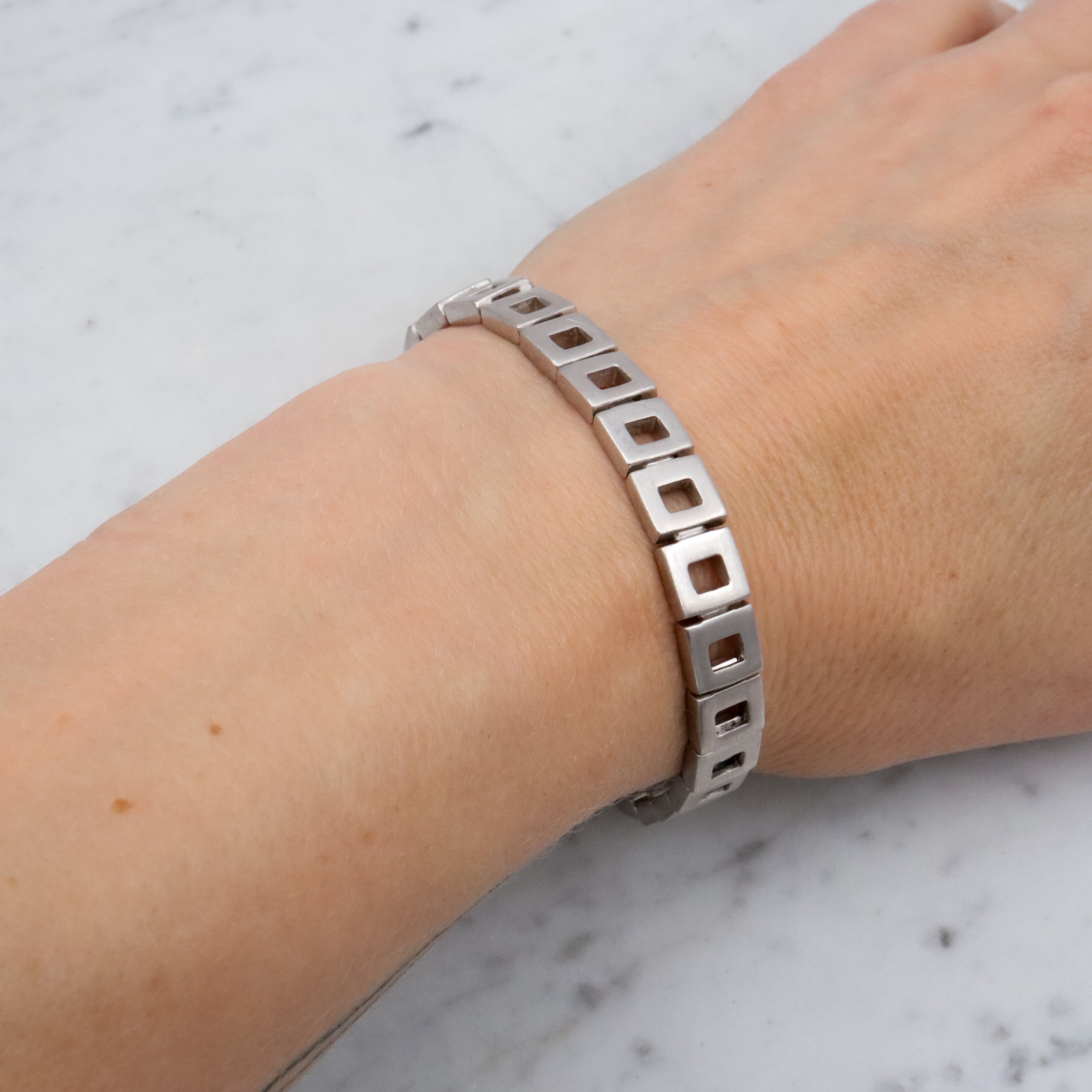 Modern brushed sterling open square link bracelet