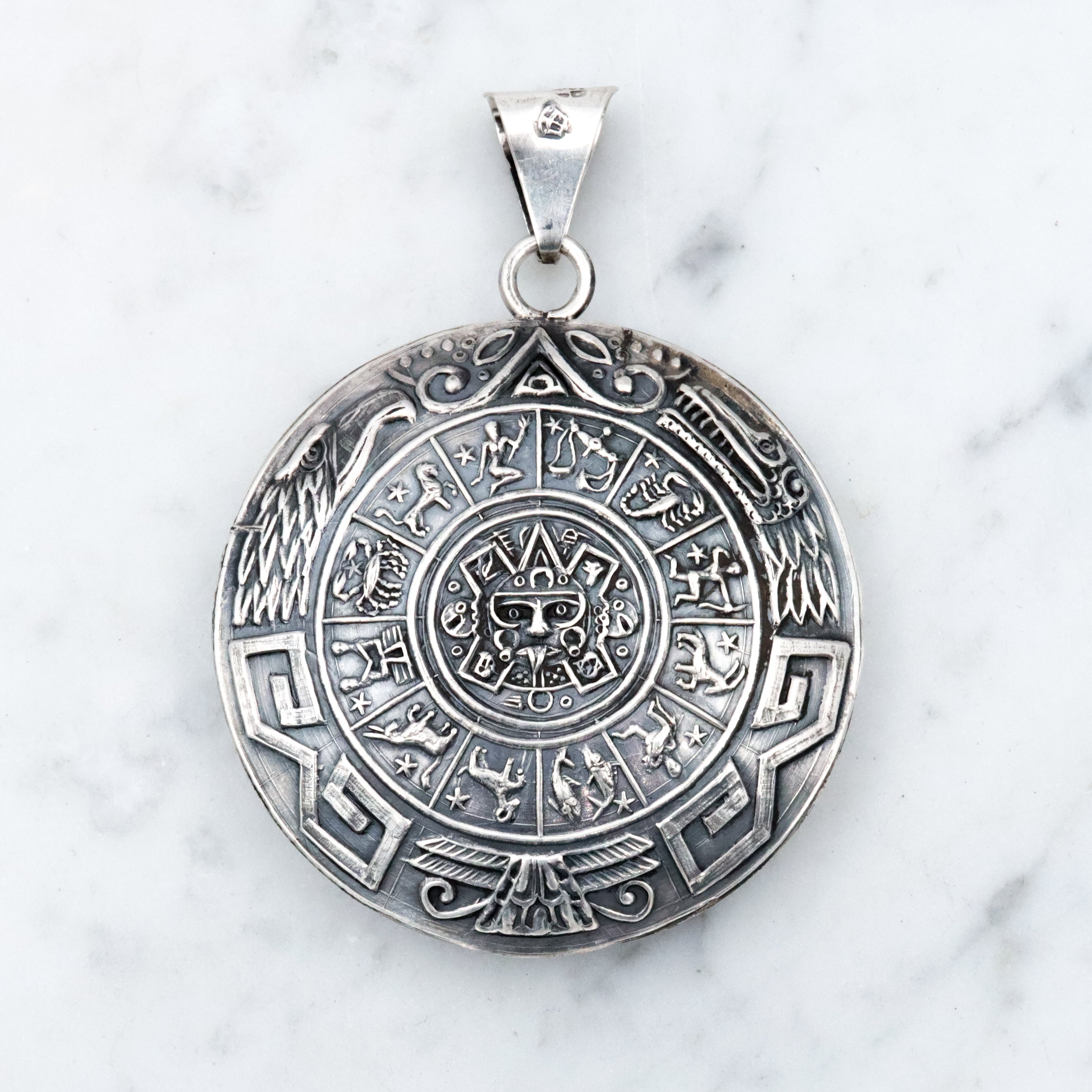 Large vintage Mexican sterling double sided medallion pendant with Mayan calendar