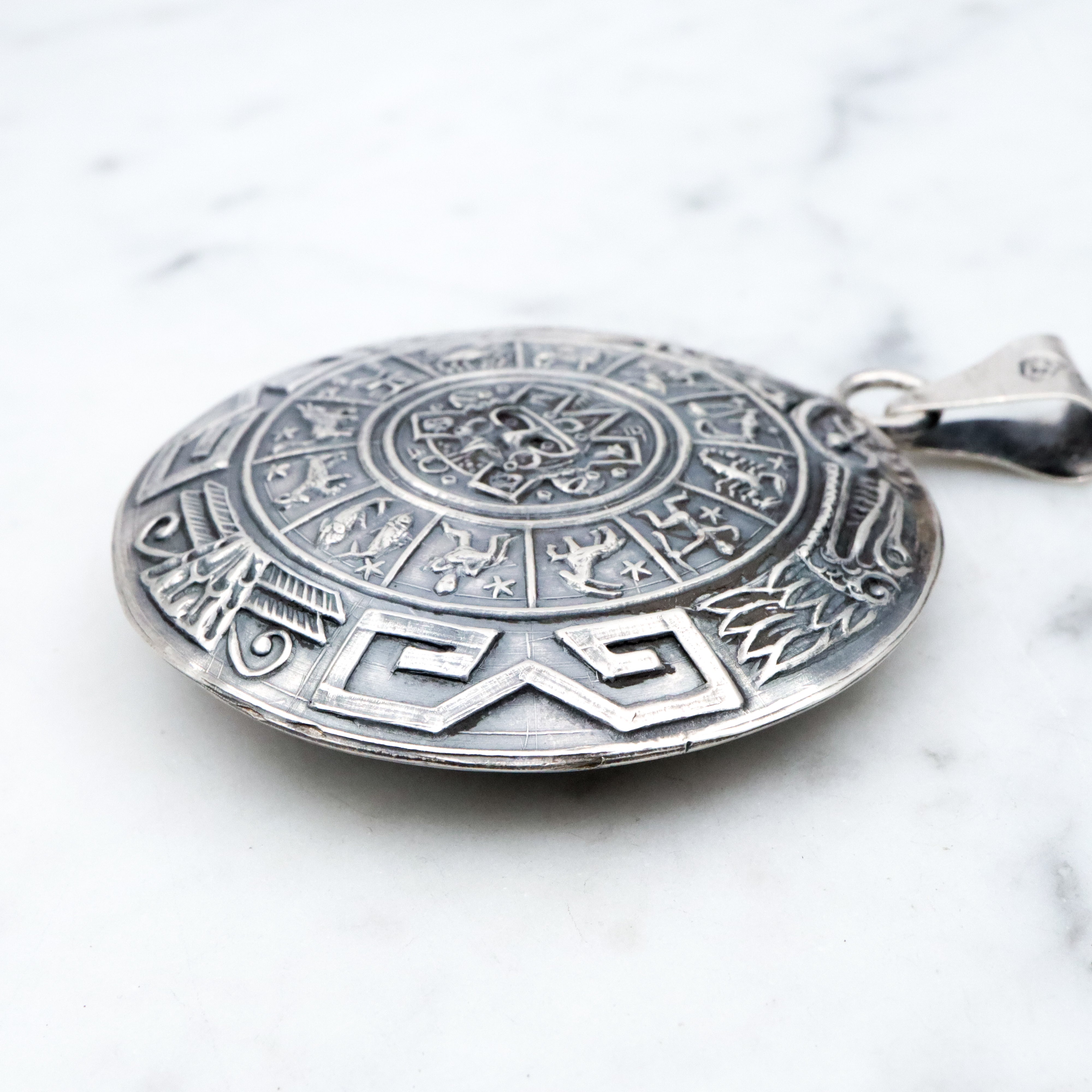 Large vintage Mexican sterling double sided medallion pendant with Mayan calendar