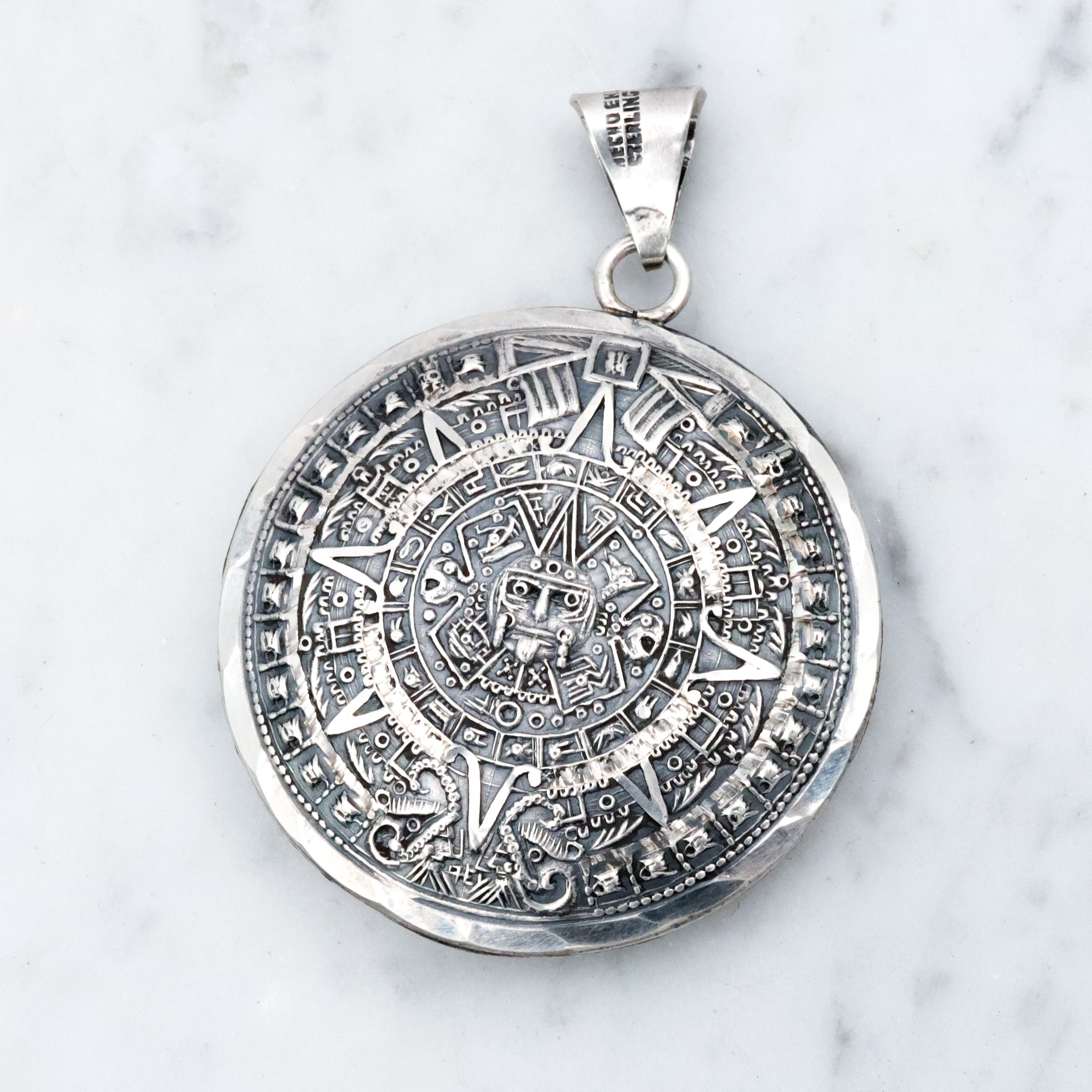 Large vintage Mexican sterling double sided medallion pendant with Mayan calendar