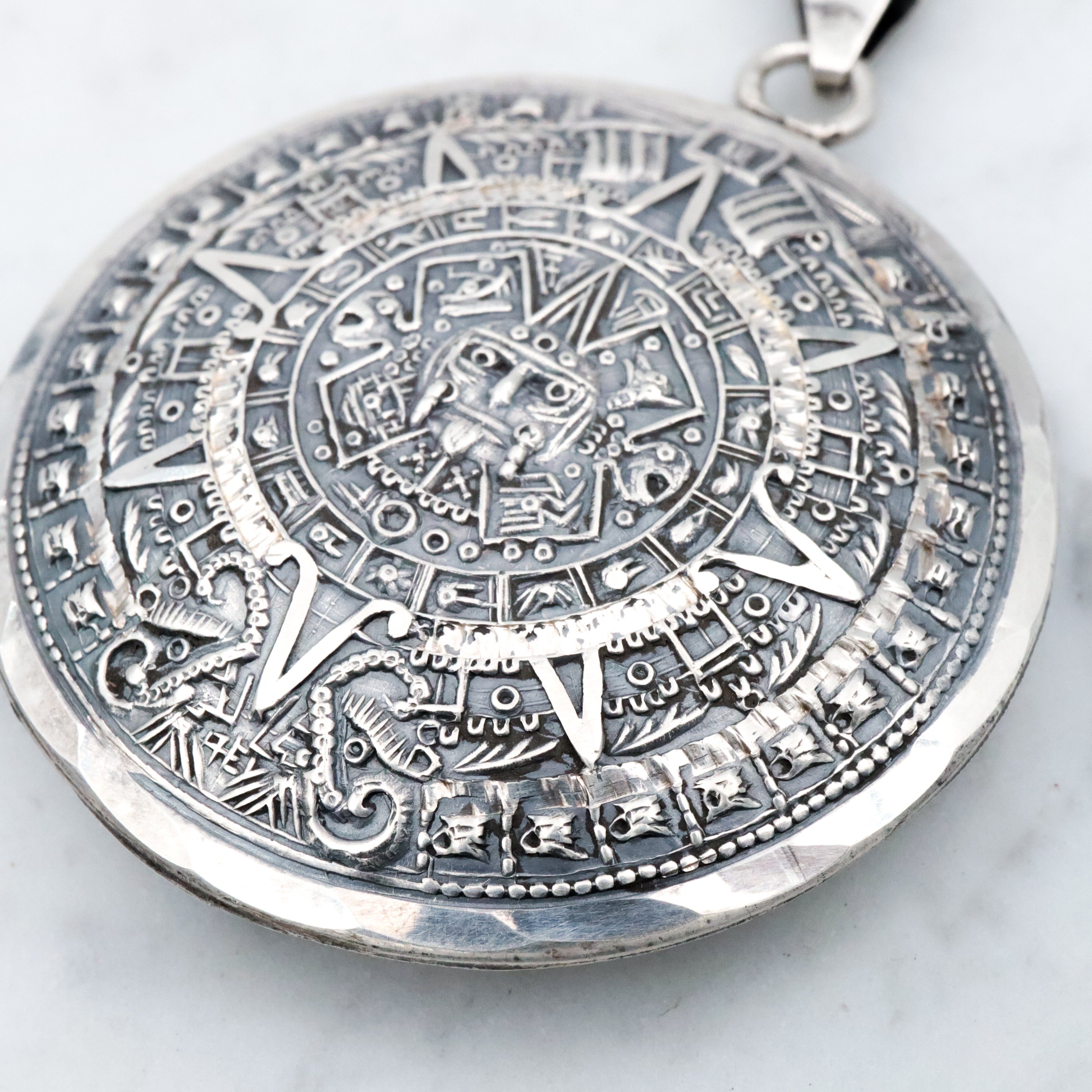 Large vintage Mexican sterling double sided medallion pendant with Mayan calendar