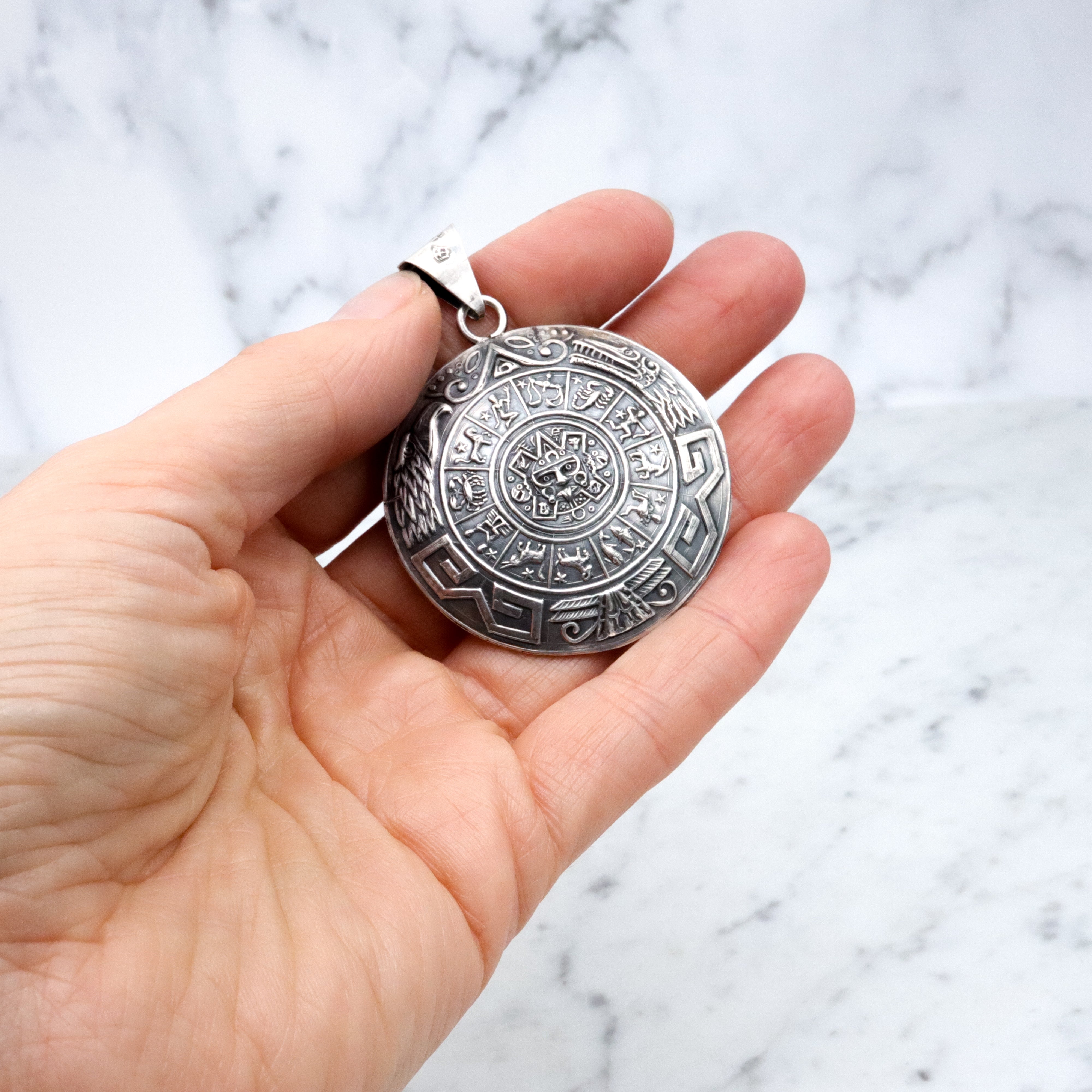 Large vintage Mexican sterling double sided medallion pendant with Mayan calendar