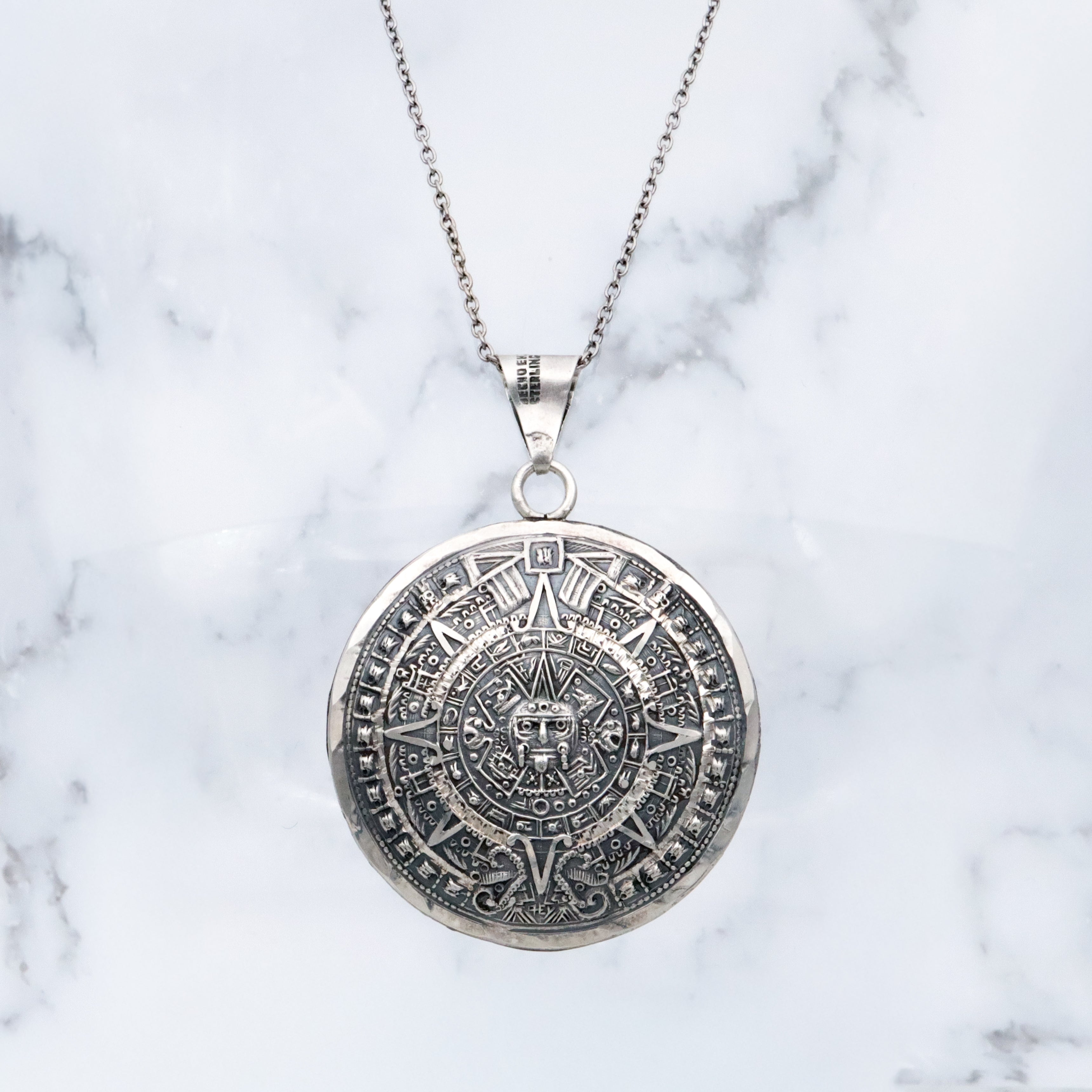 Large vintage Mexican sterling double sided medallion pendant with Mayan calendar