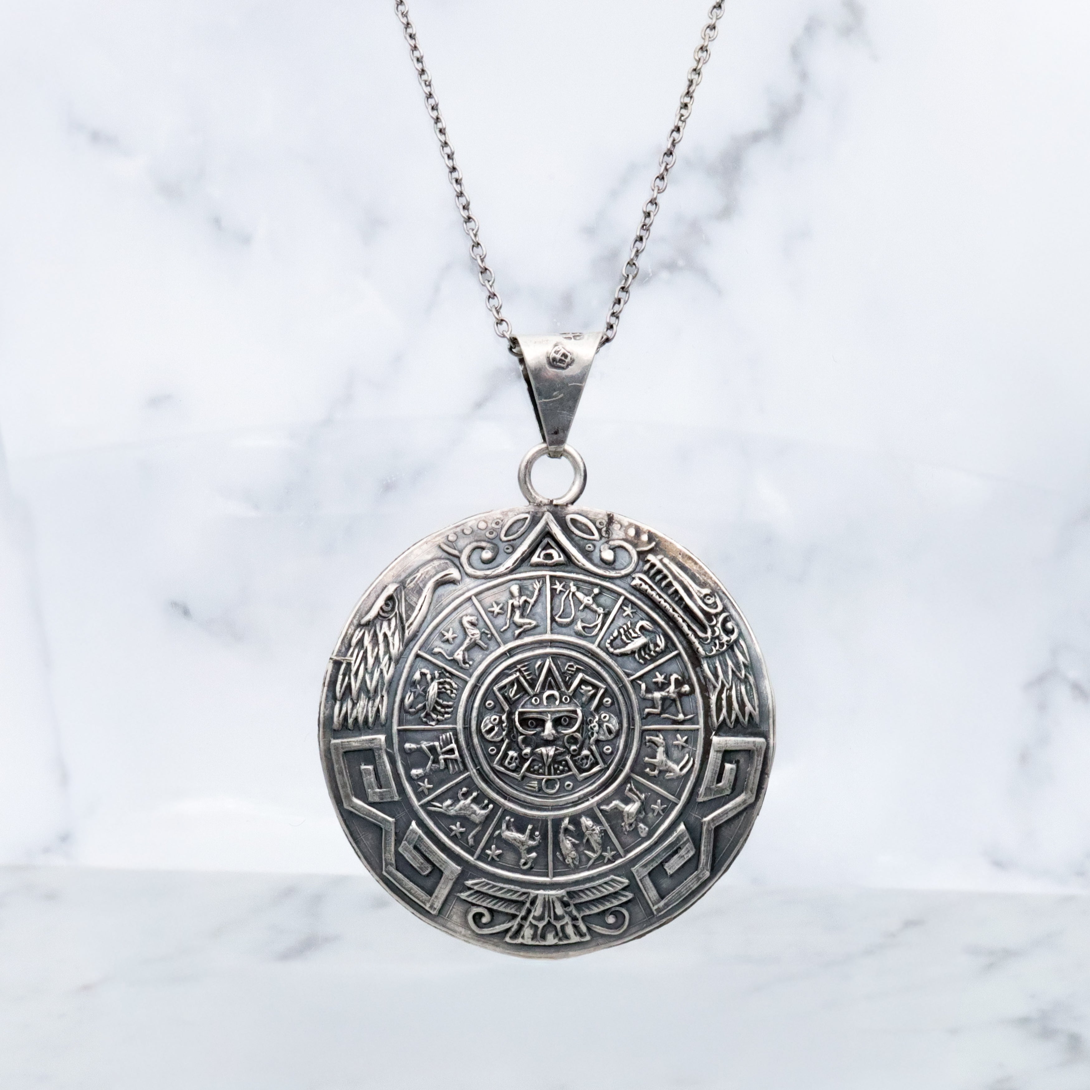 Large vintage Mexican sterling double sided medallion pendant with Mayan calendar