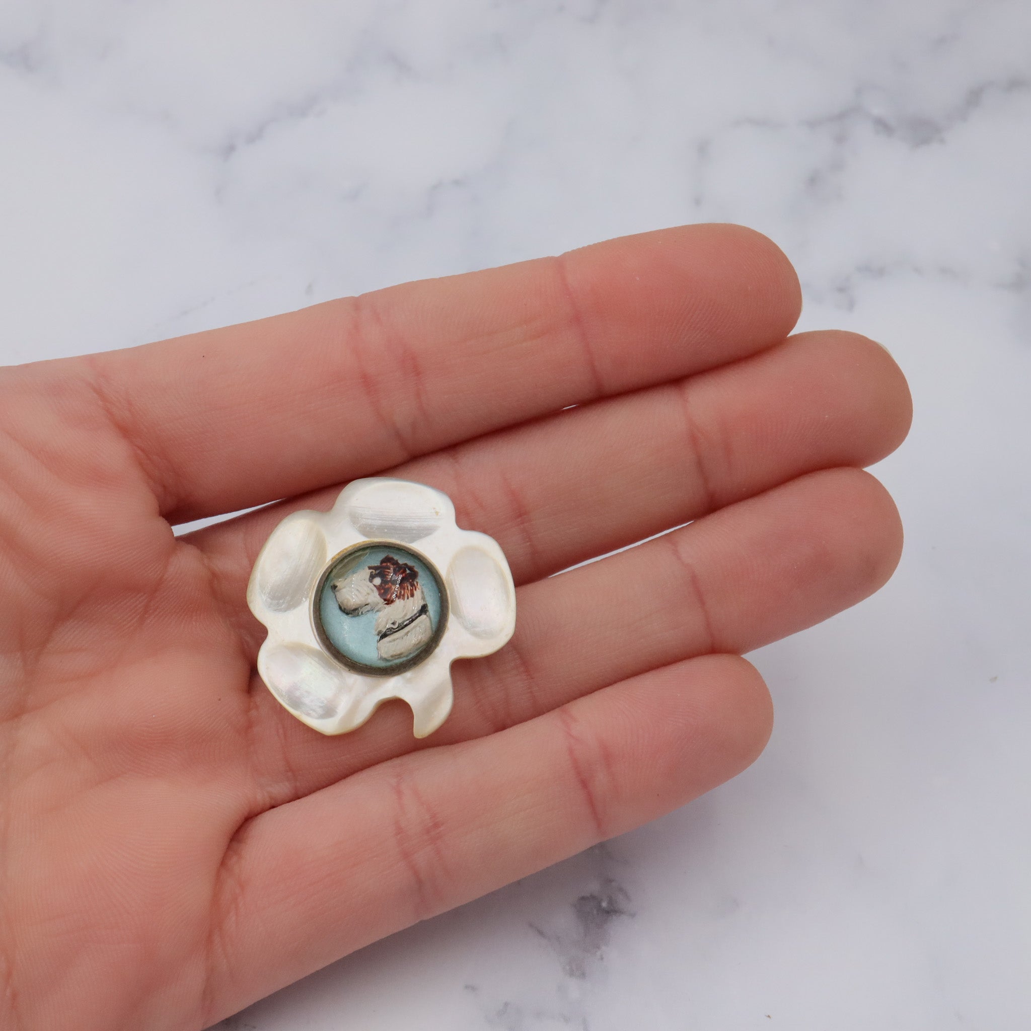 Antique Victorian carved mother of pearl clover, reverse painted intaglio of terrier dog brooch
