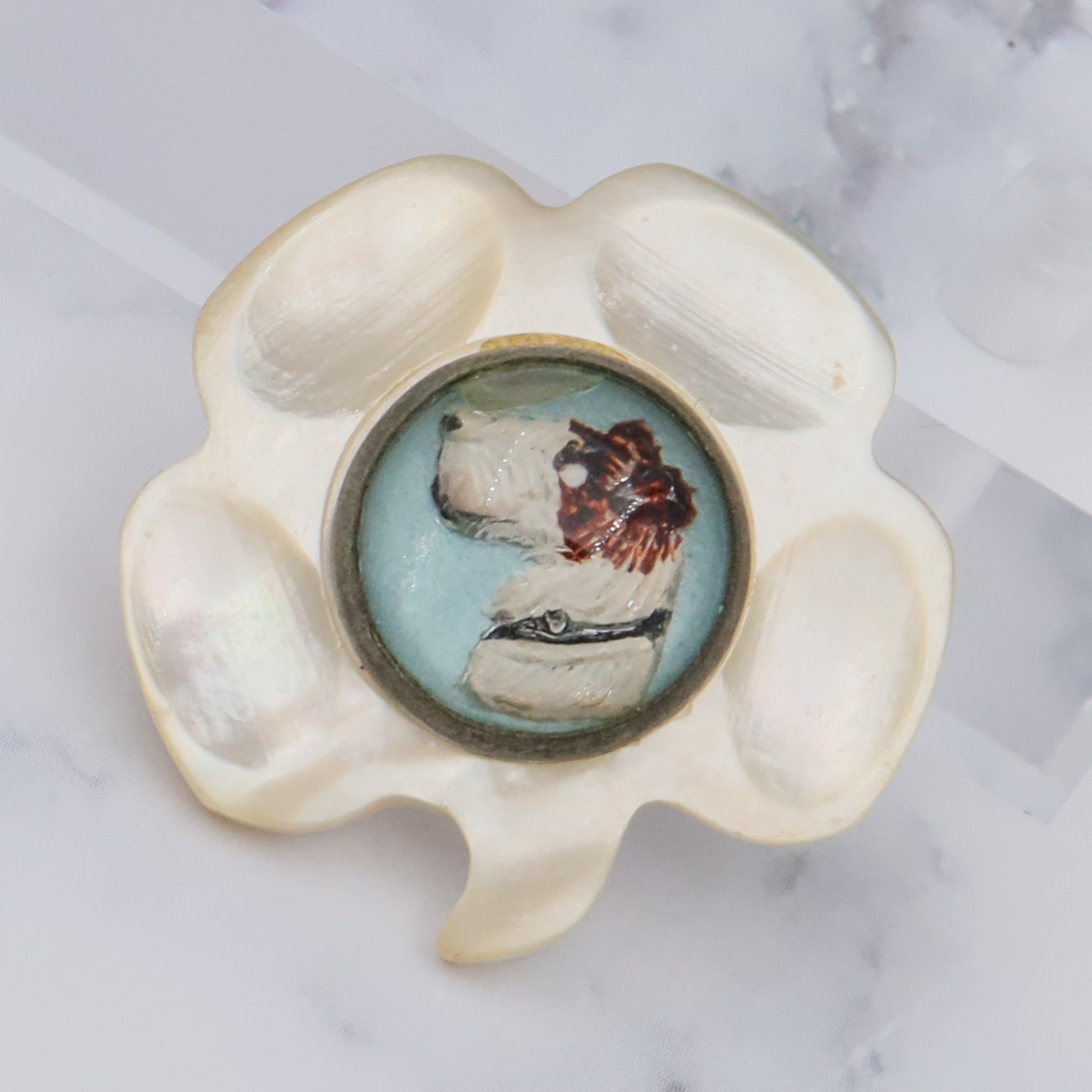 Antique Victorian carved mother of pearl clover, reverse painted intaglio of terrier dog brooch