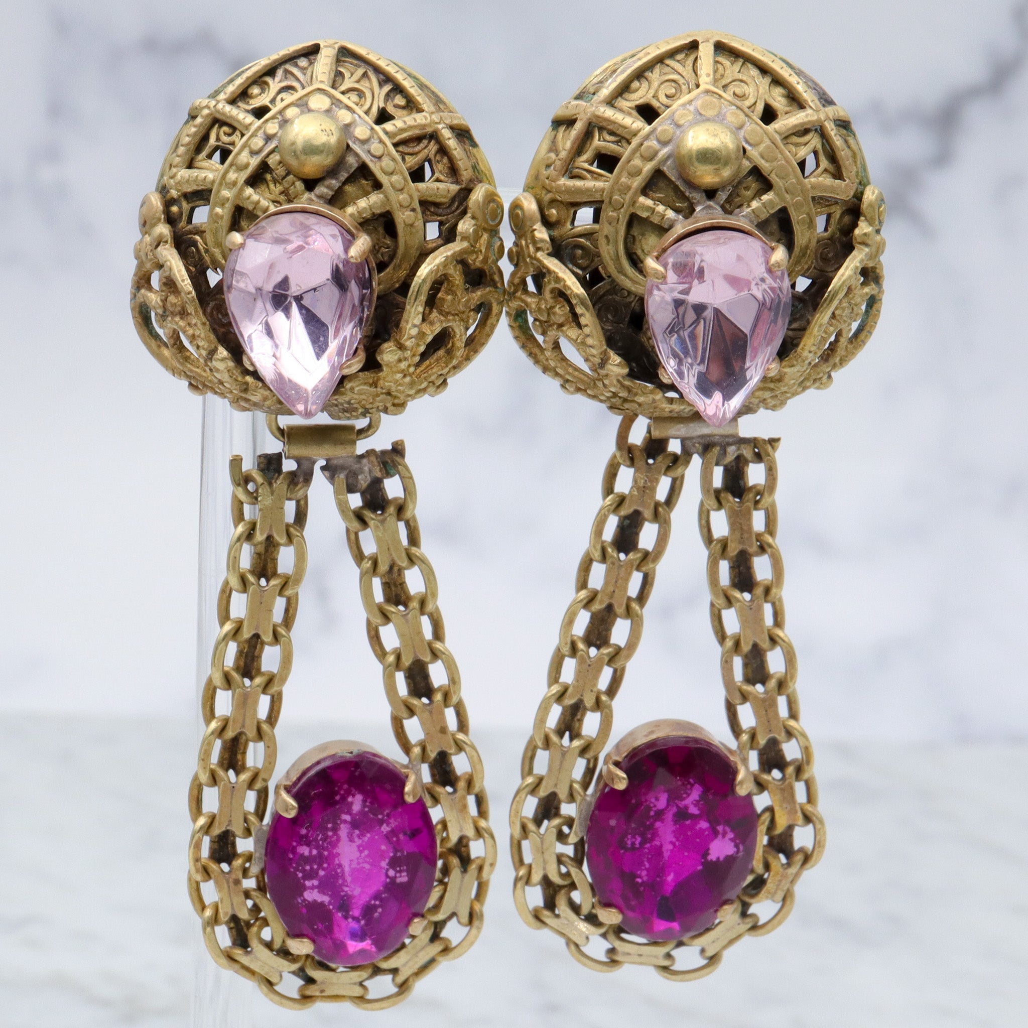 Massive Renaissance Revival brass & purple rhinestones drop clip on earrings