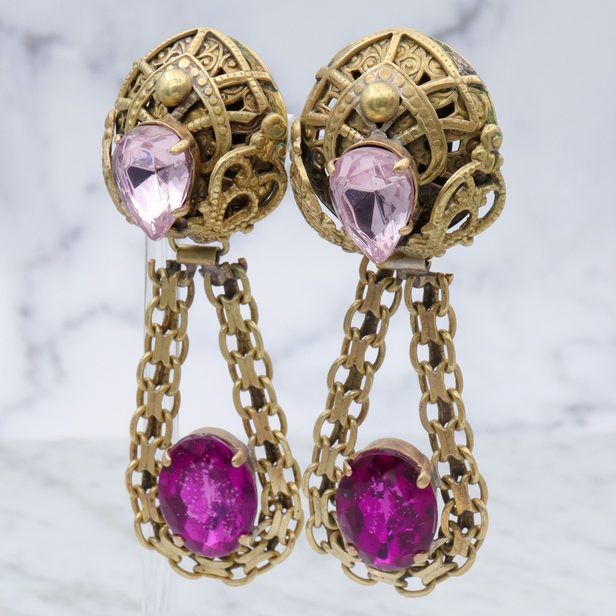 Massive Renaissance Revival brass & purple rhinestones drop clip on earrings