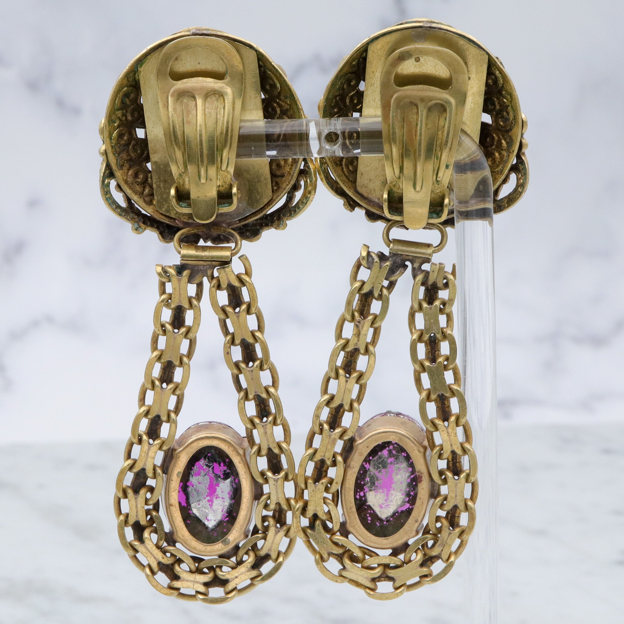 Massive Renaissance Revival brass & purple rhinestones drop clip on earrings