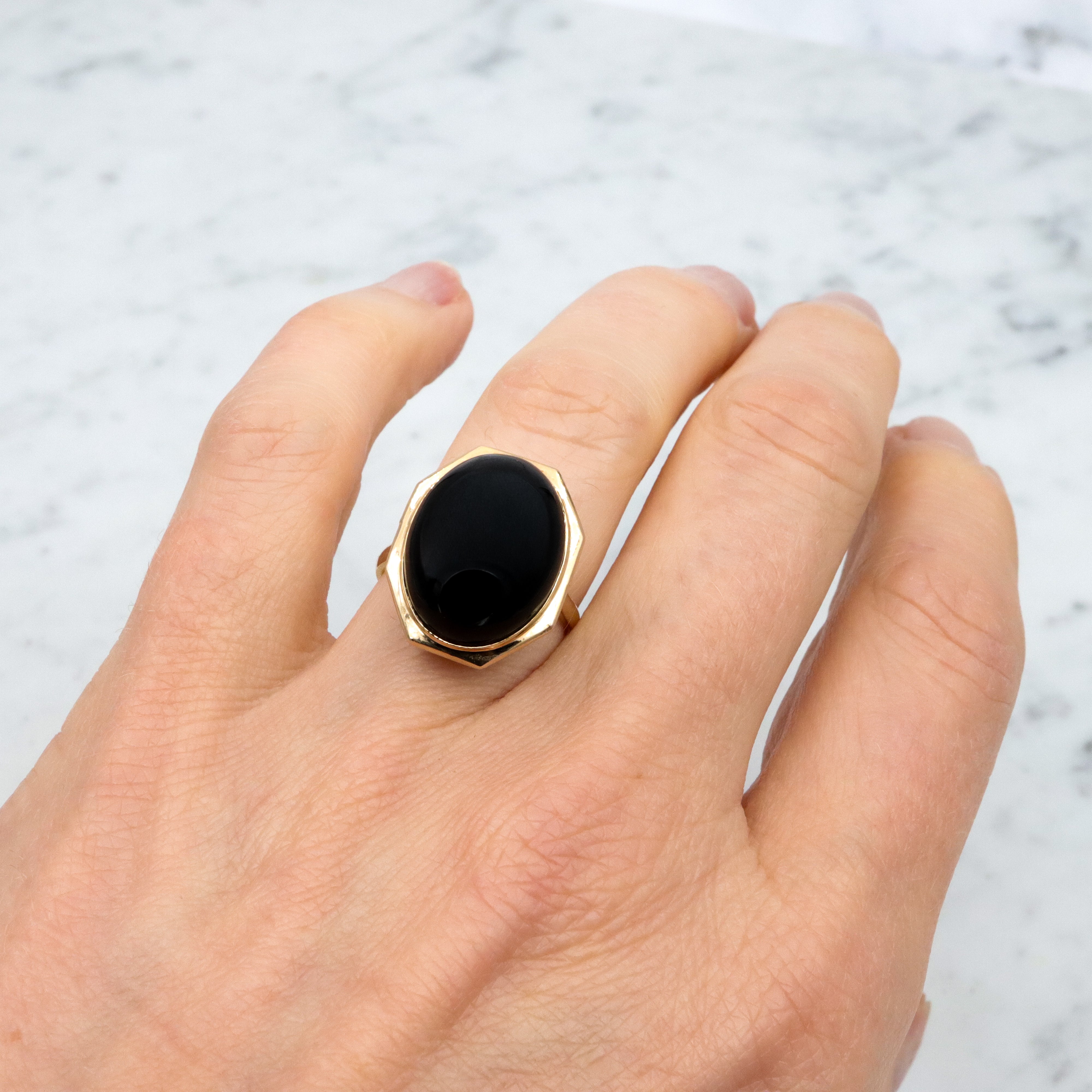 Mid Century 14k gold hexagonal framed onyx cabochon ring, size 7