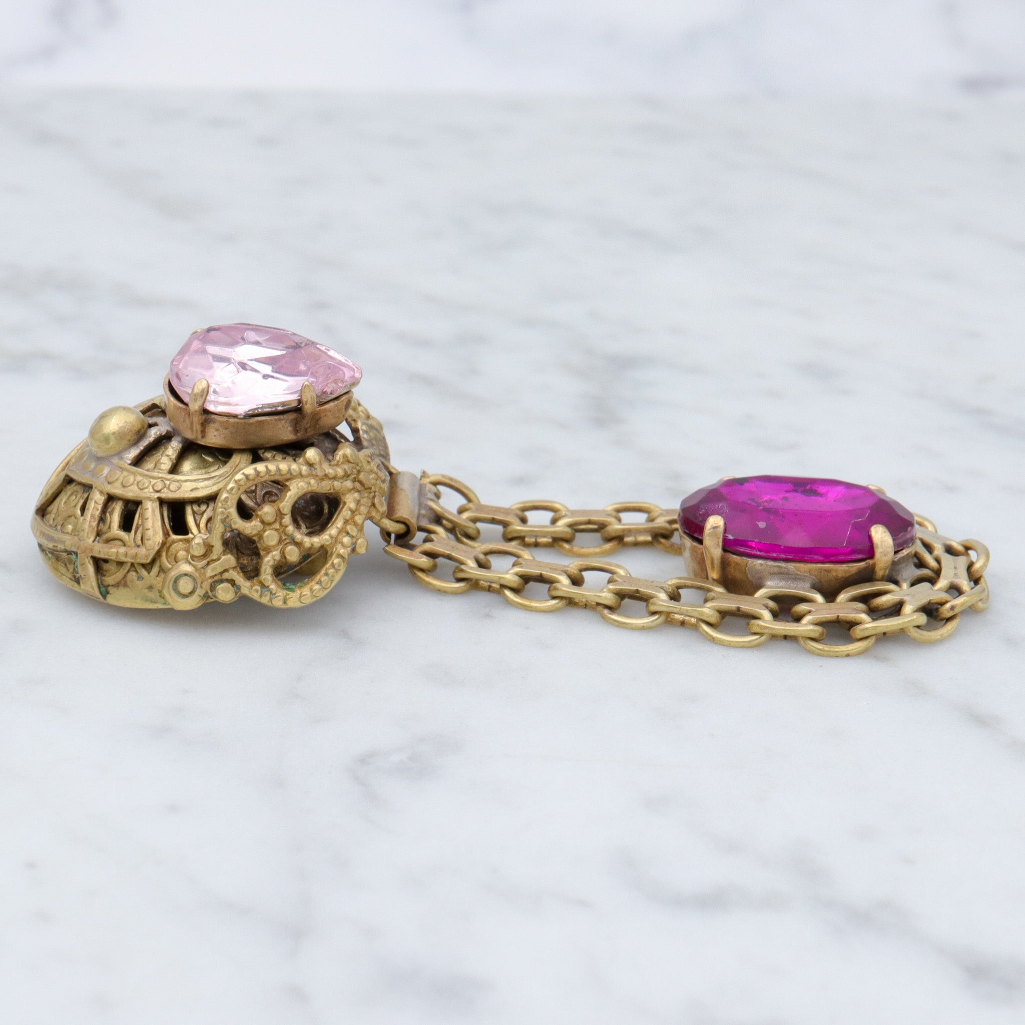 Massive Renaissance Revival brass & purple rhinestones drop clip on earrings