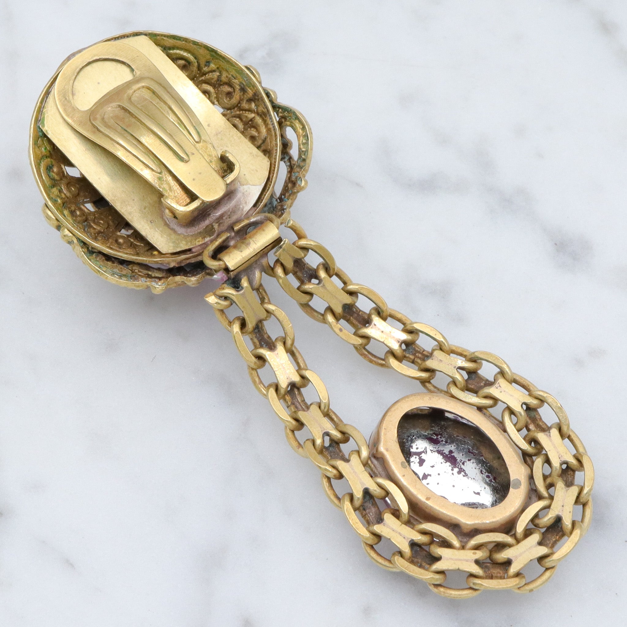 Massive Renaissance Revival brass & purple rhinestones drop clip on earrings