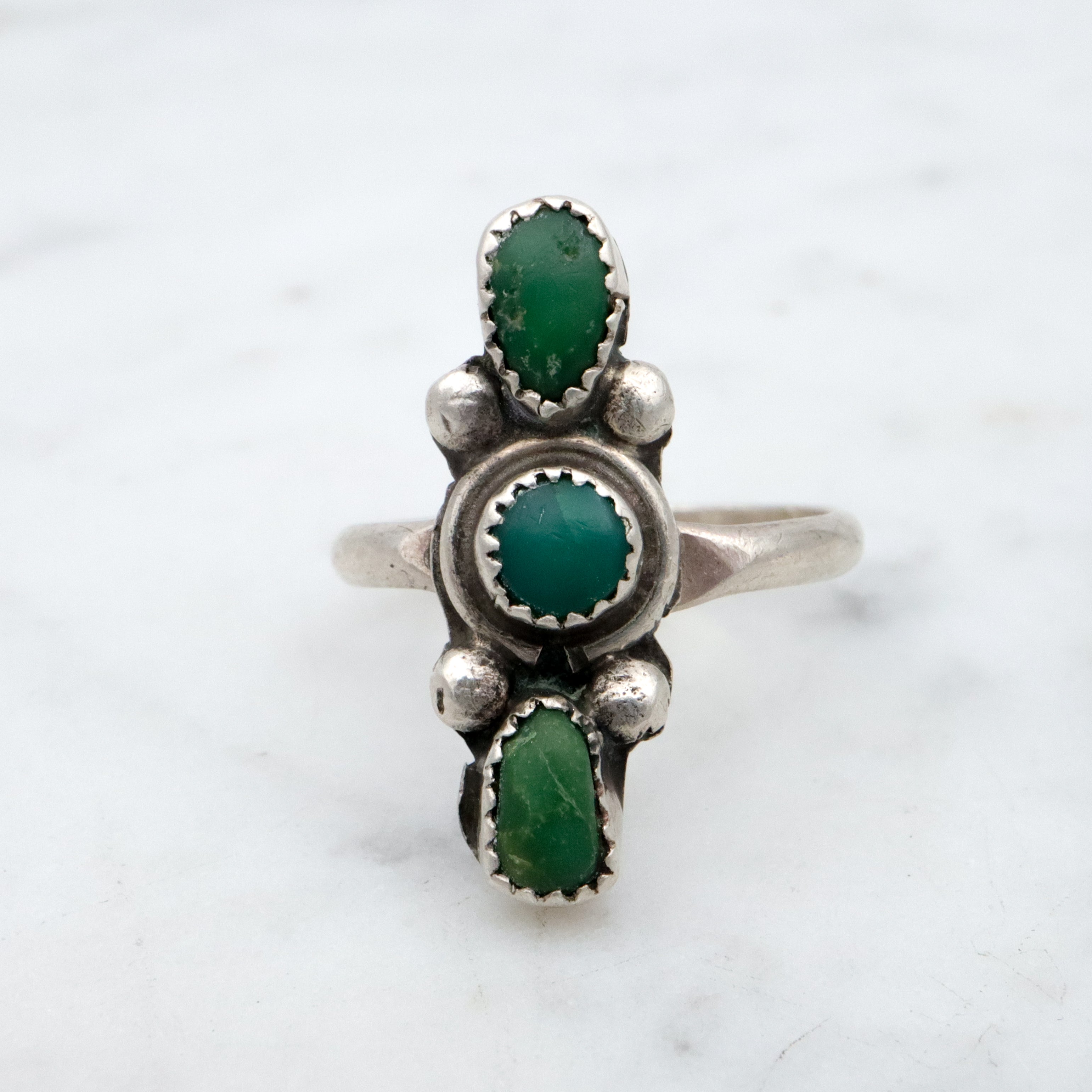 Vintage Navajo green turquoise sterling navette ring, size 3.75