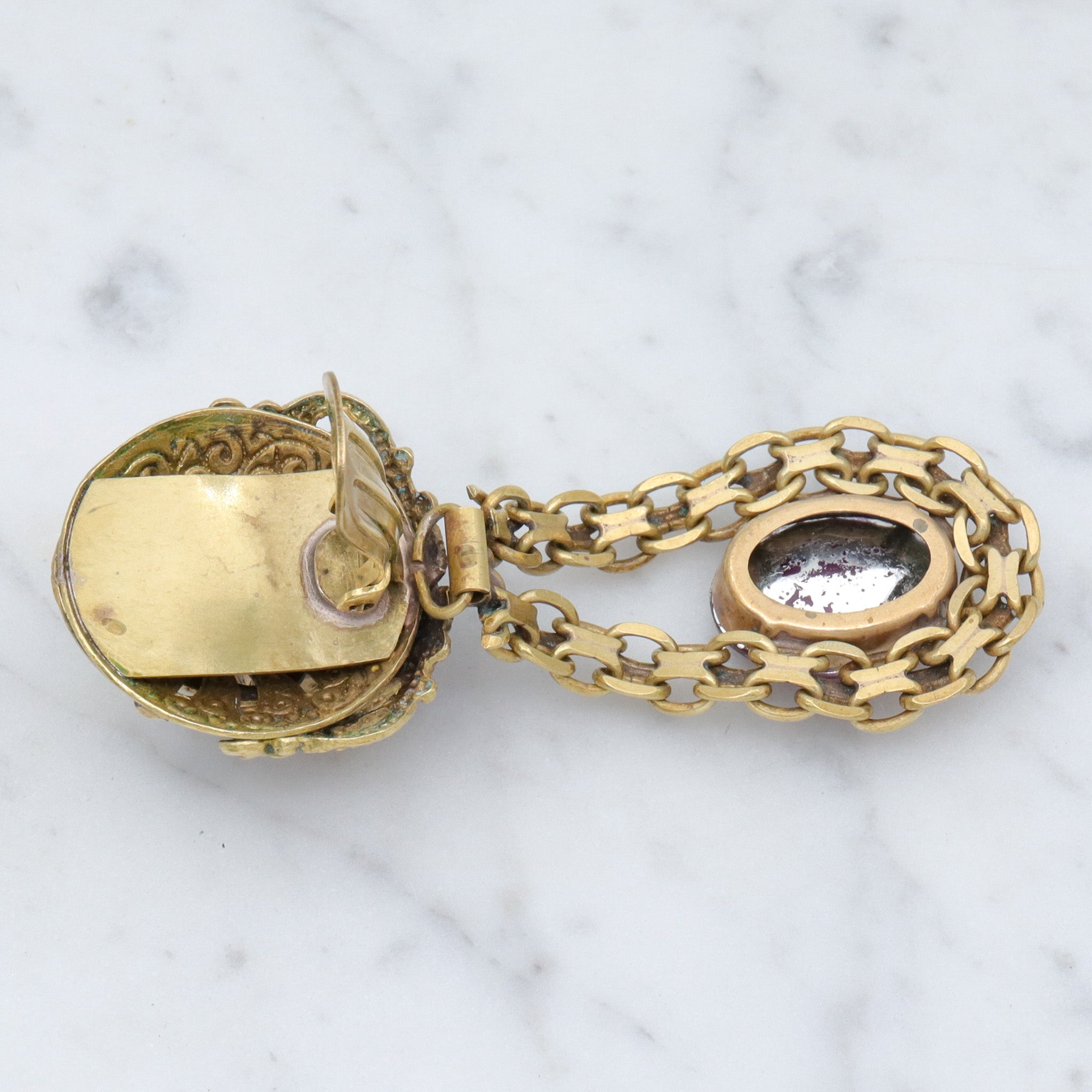 Massive Renaissance Revival brass & purple rhinestones drop clip on earrings