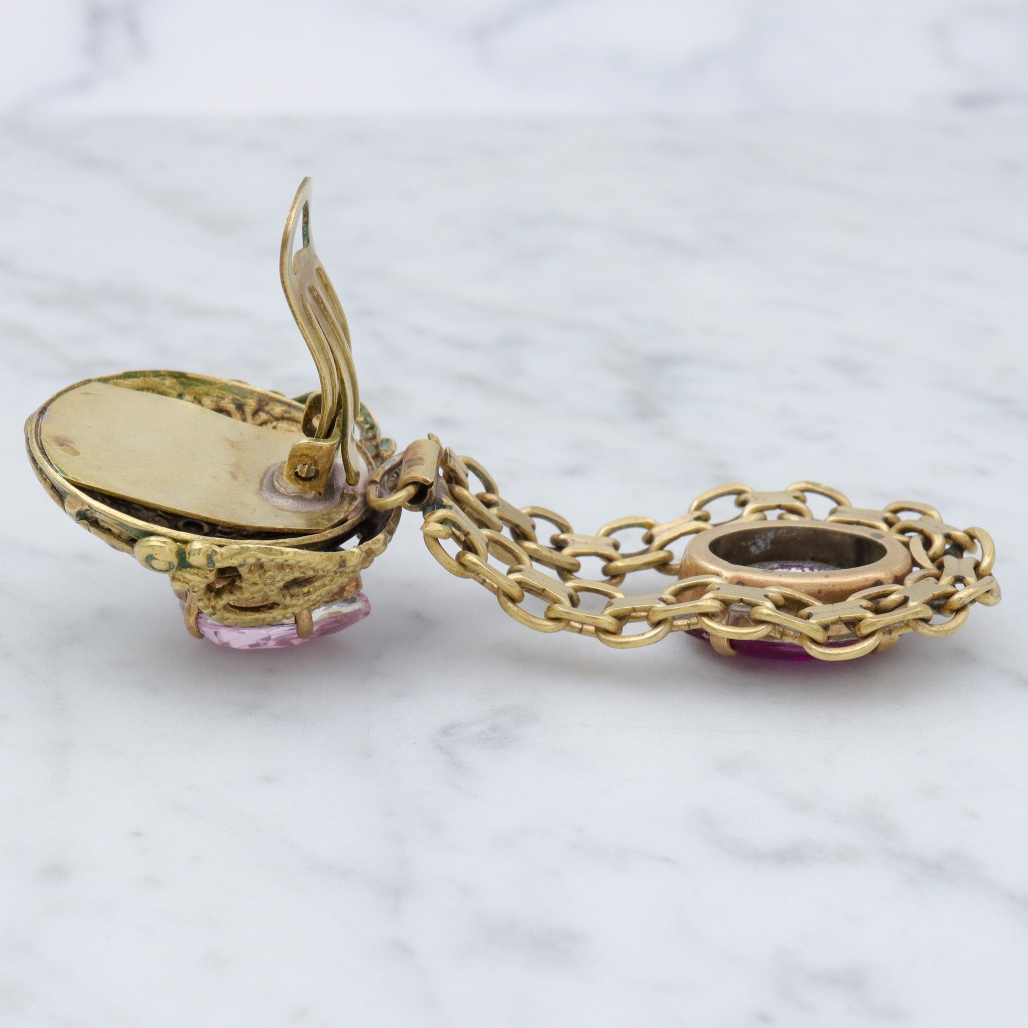 Massive Renaissance Revival brass & purple rhinestones drop clip on earrings