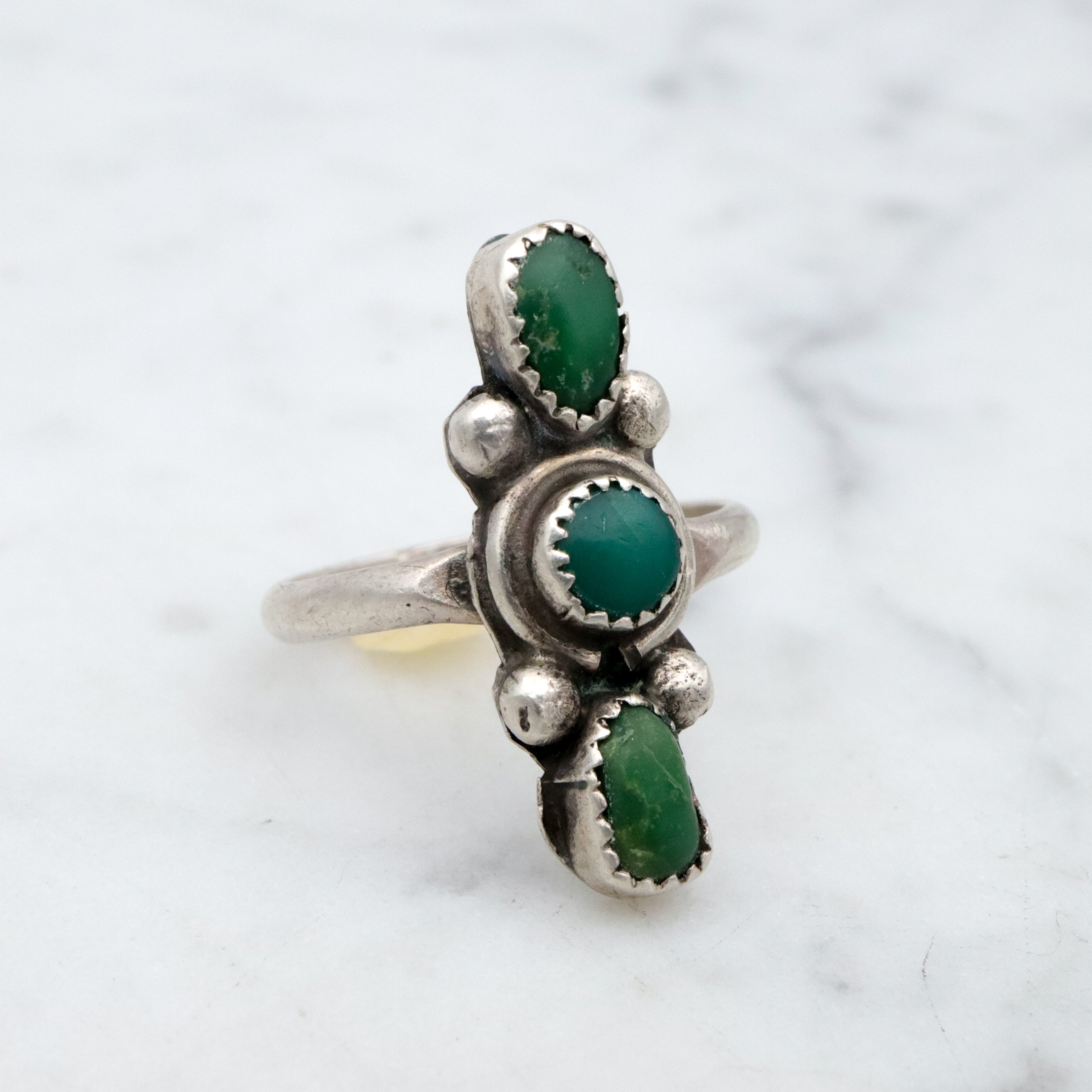 Vintage Navajo green turquoise sterling navette ring, size 3.75