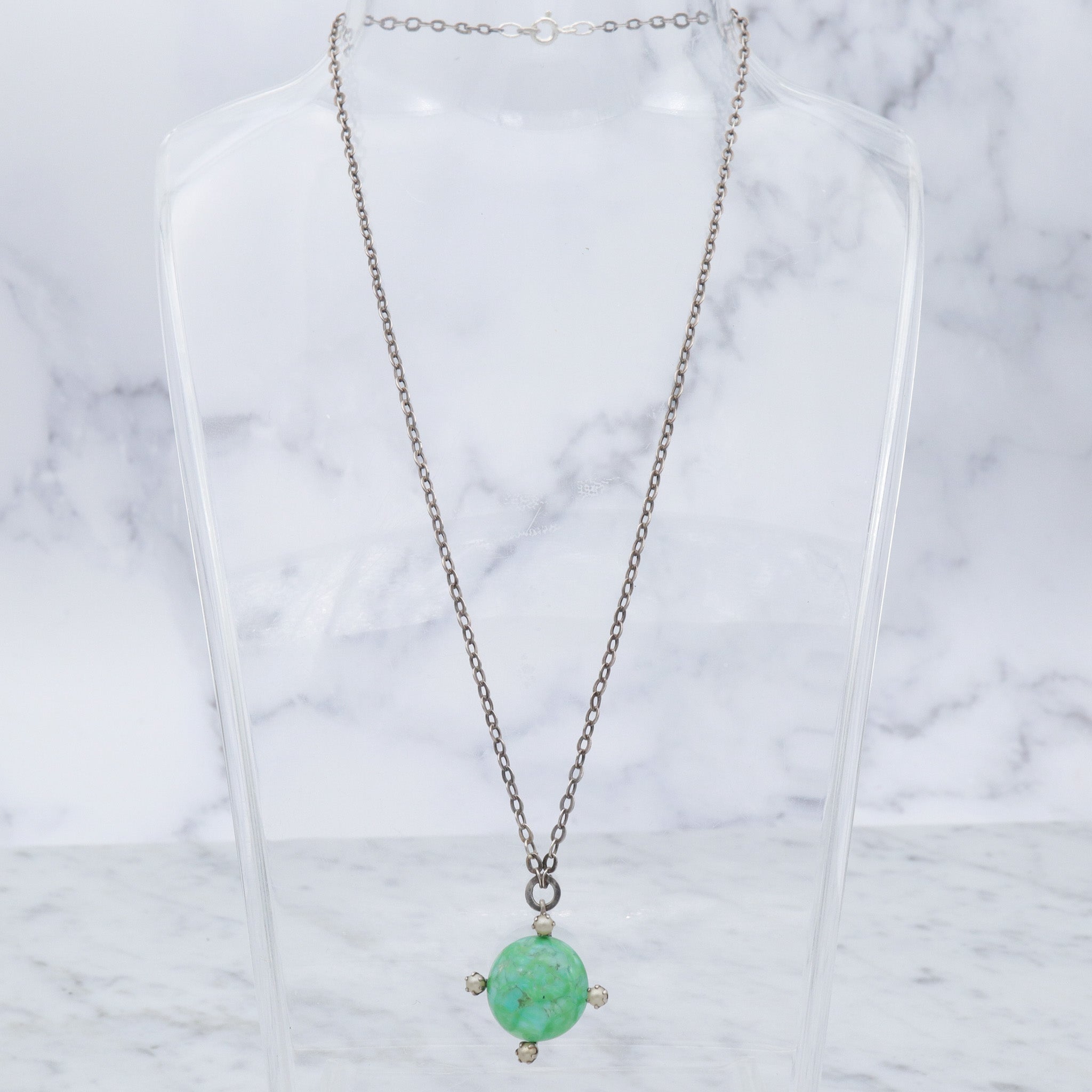 Antique hand blown glass & faux pearl sterling pendant choker necklace