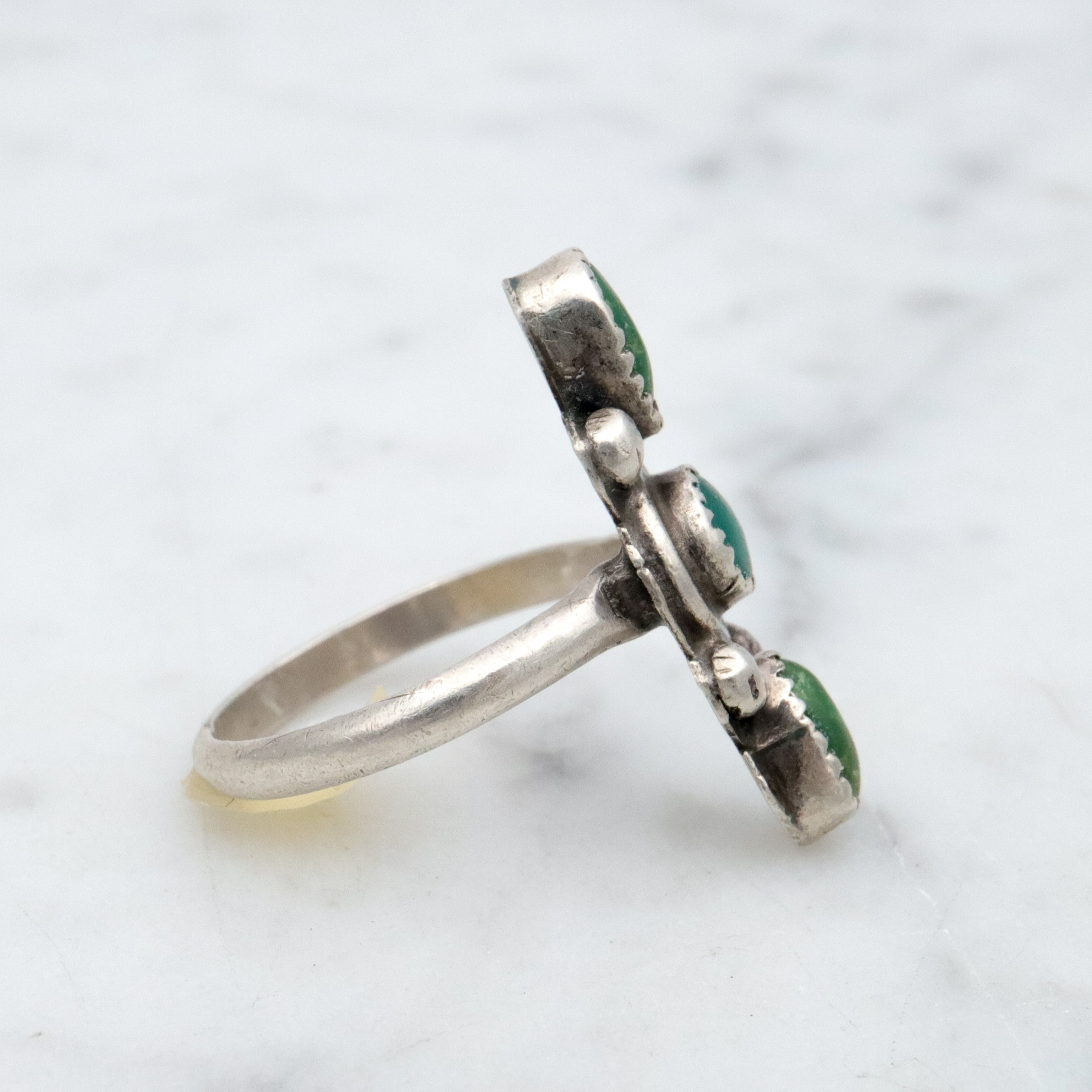 Vintage Navajo green turquoise sterling navette ring, size 3.75