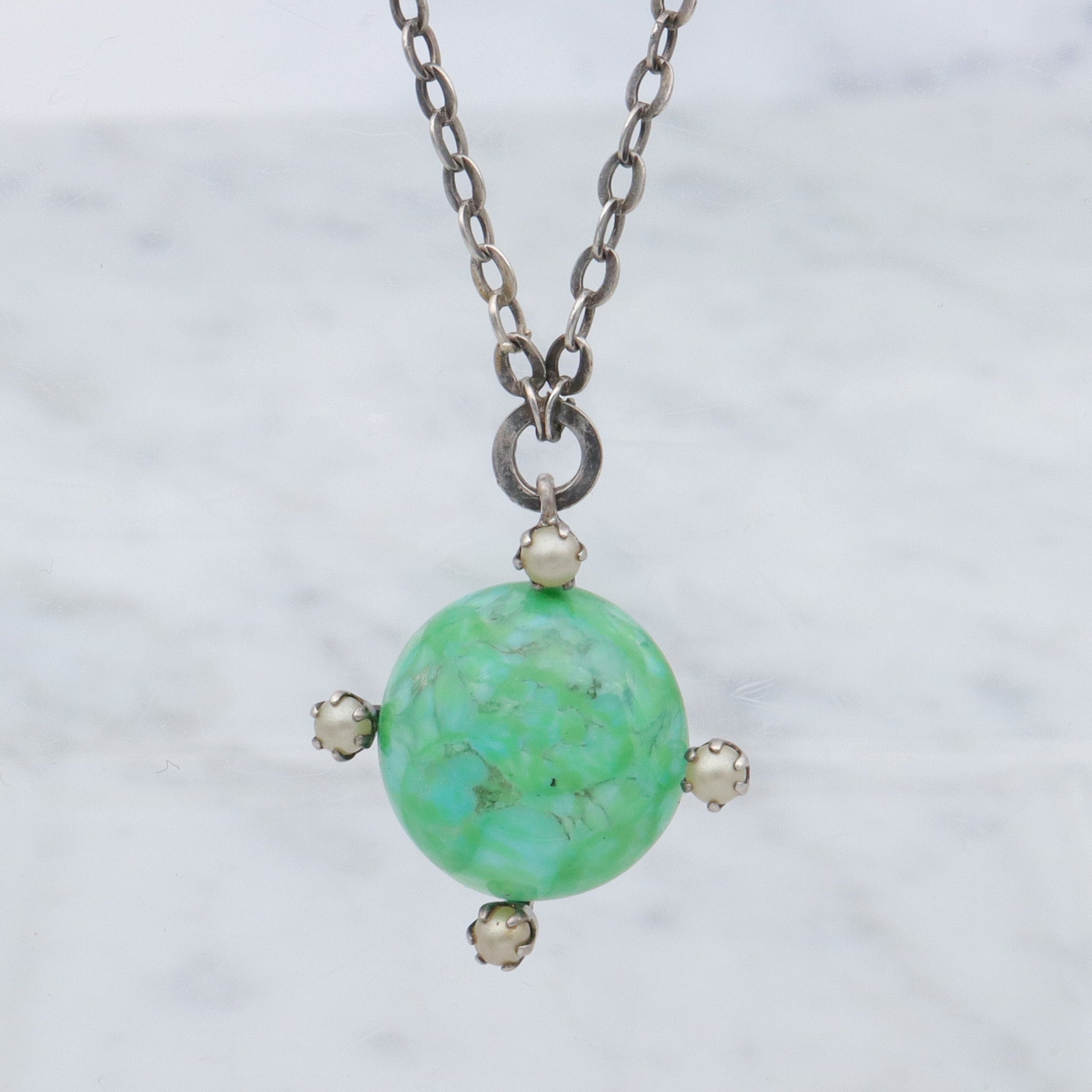 Antique hand blown glass & faux pearl sterling pendant choker necklace