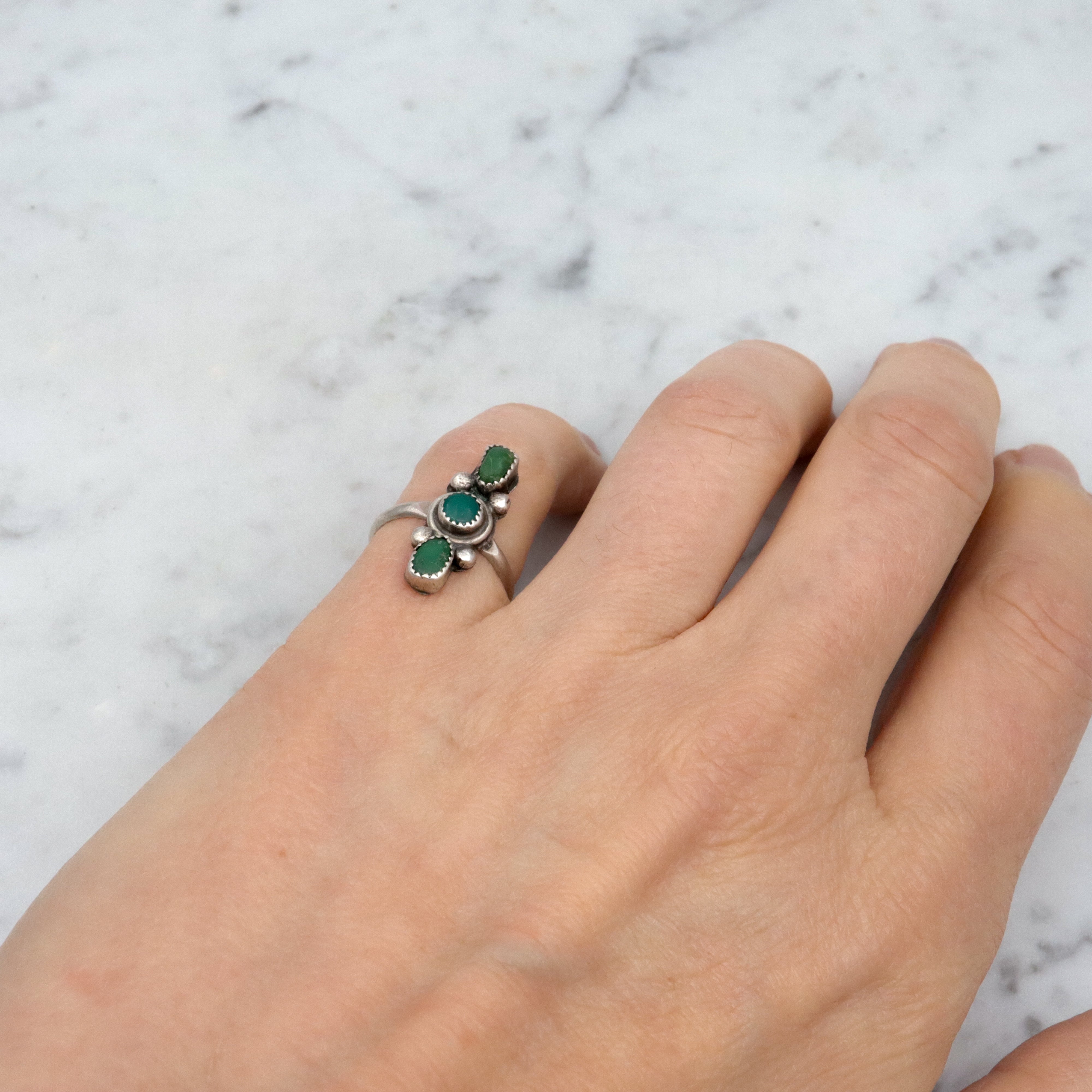 Vintage Navajo green turquoise sterling navette ring, size 3.75