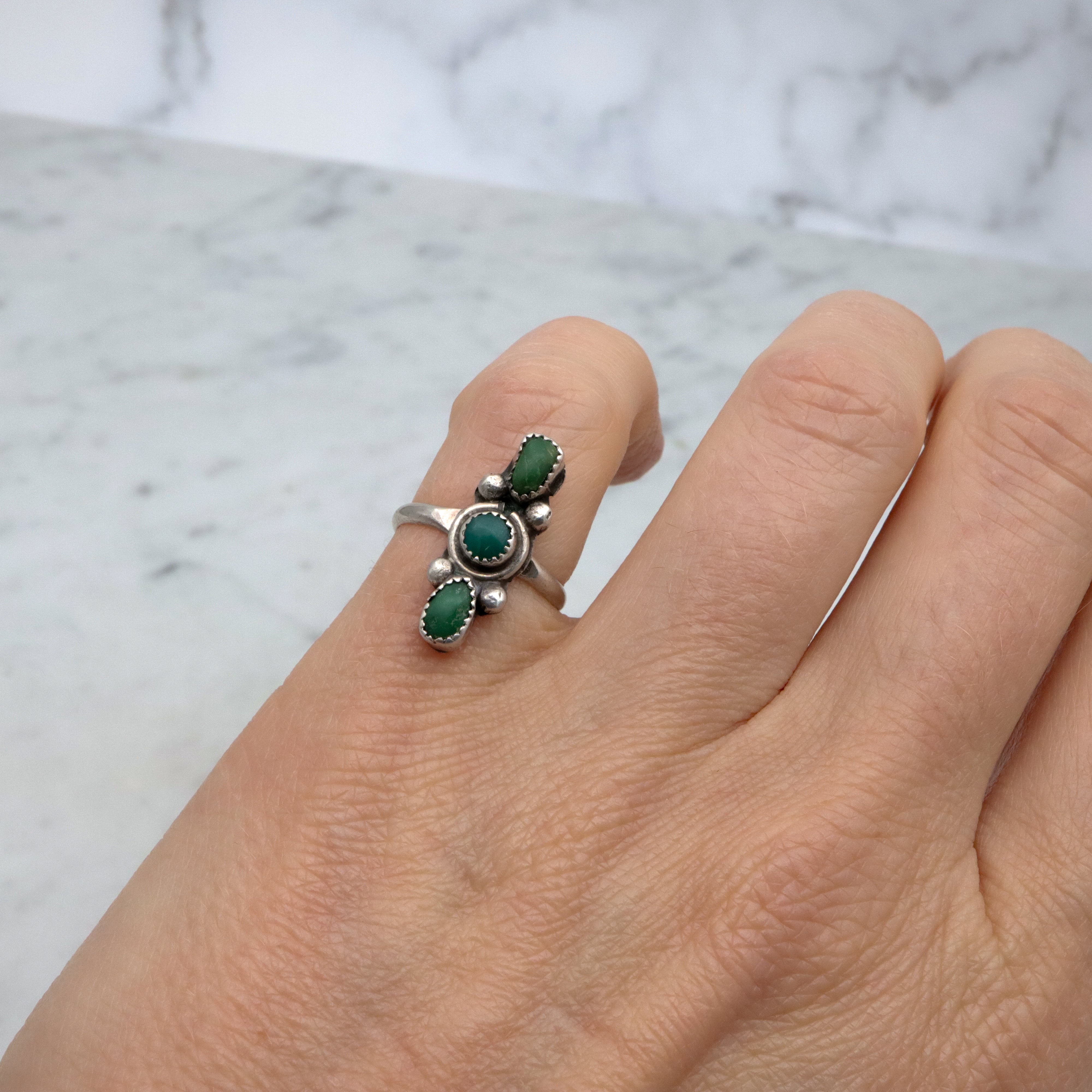 Vintage Navajo green turquoise sterling navette ring, size 3.75