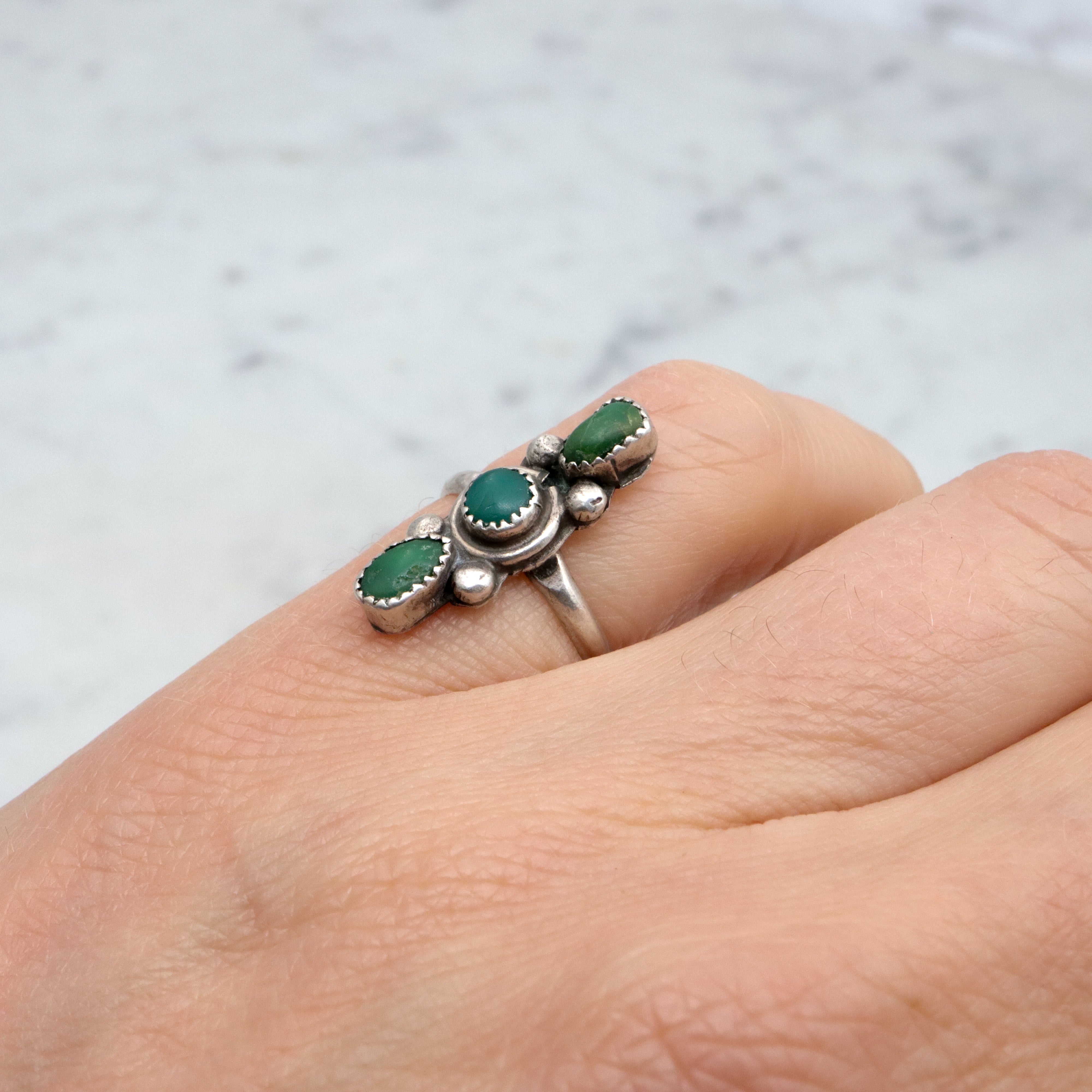 Vintage Navajo green turquoise sterling navette ring, size 3.75